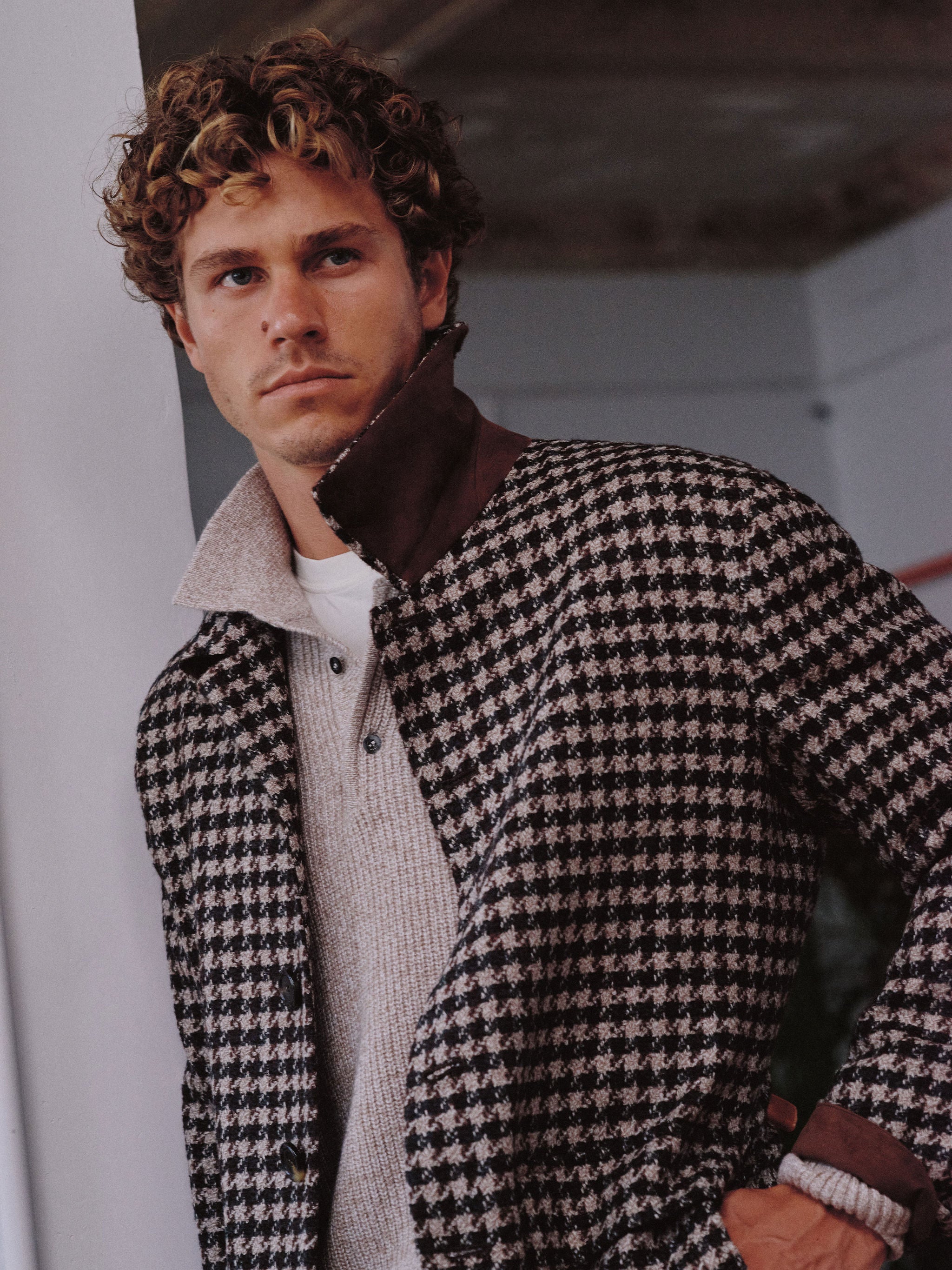Fitzroy Chore Jacket - Wool & Alpaca - Green, Brown, Sand Houndstooth