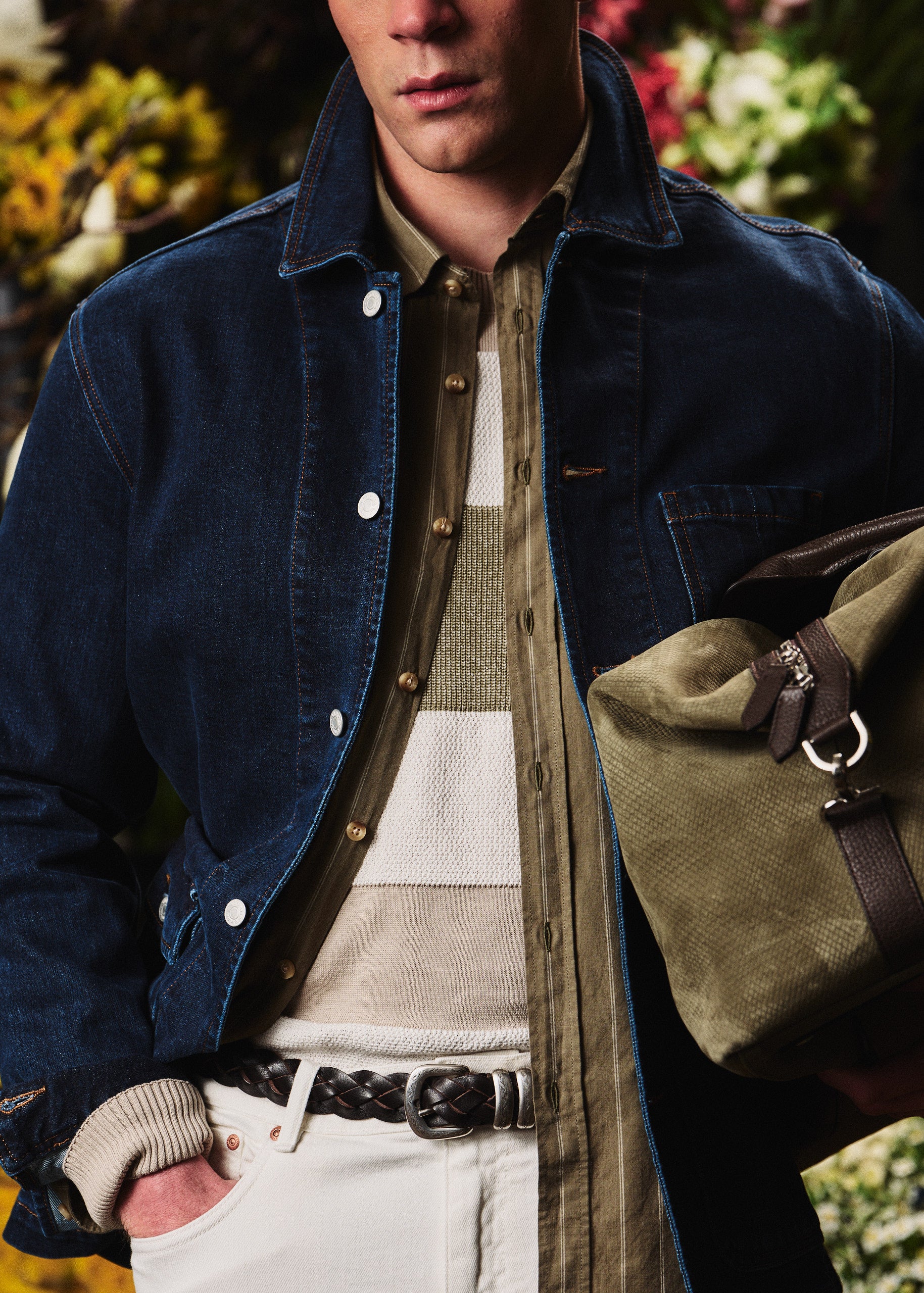 Bronte Shirt - Italian Cotton - Olive & White Double Pinstripe (PRE-ORDER)
