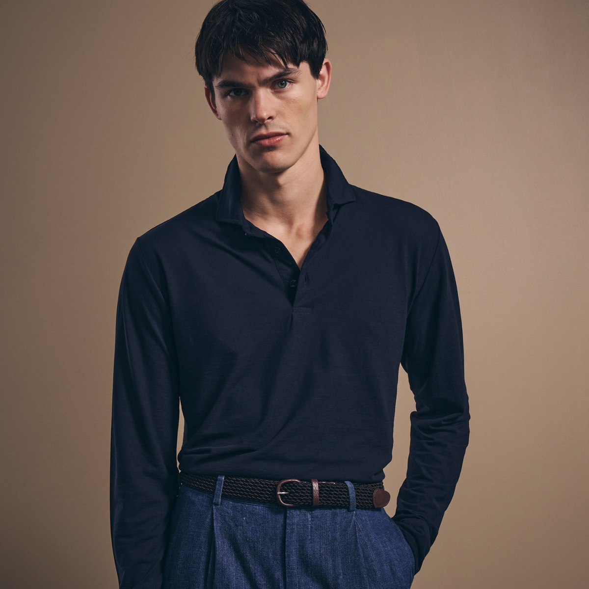 Long-Sleeve Polo - Italian Ice Cotton - Navy Blue