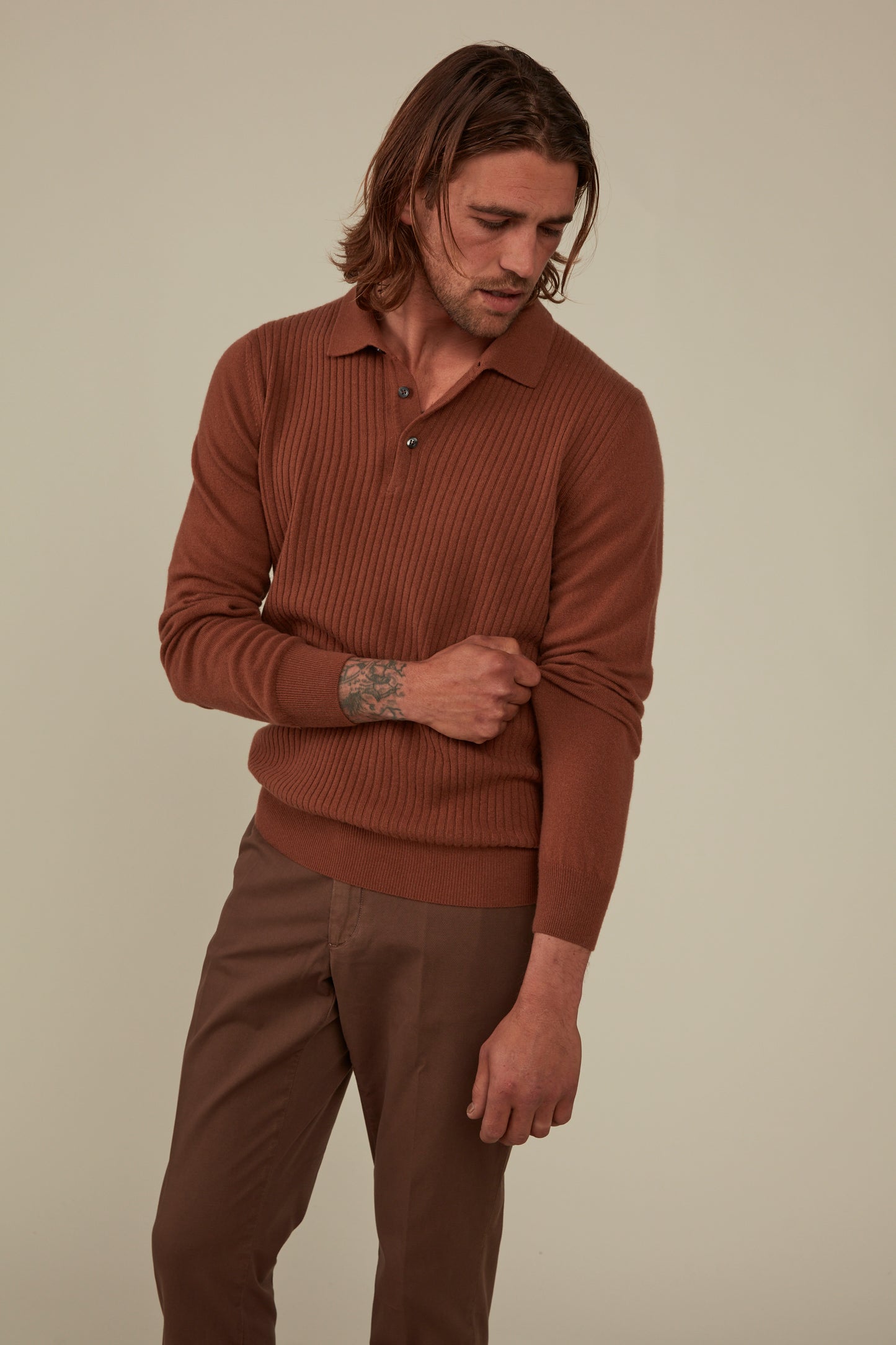 Hampden Cashmere/Wool Long Sleeved Polo - Ochre