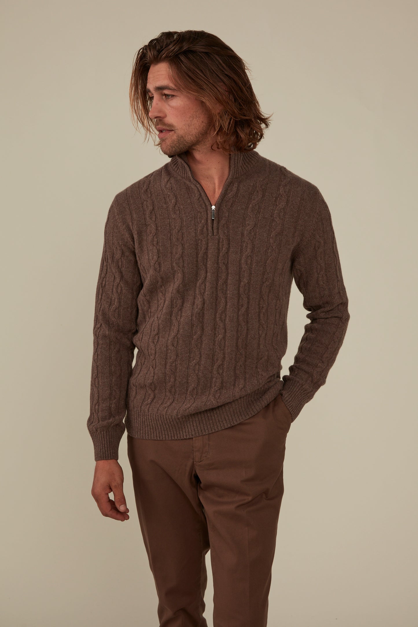 Heathcote Wool/Cashmere Zip Cable Knit - Coffee