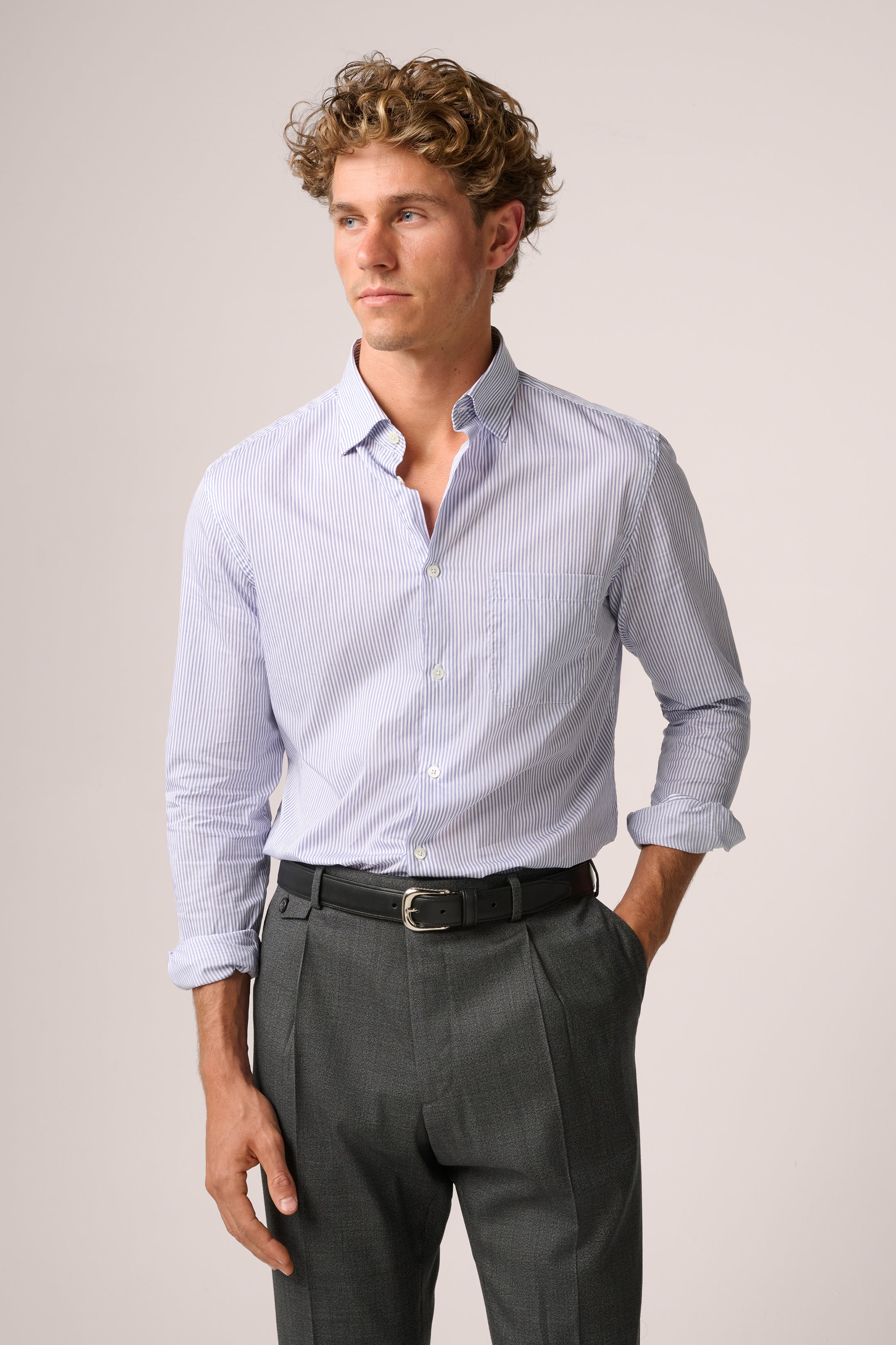 Italian Banker Stripe Work Shirt - Cotton - Blue And White Stripe