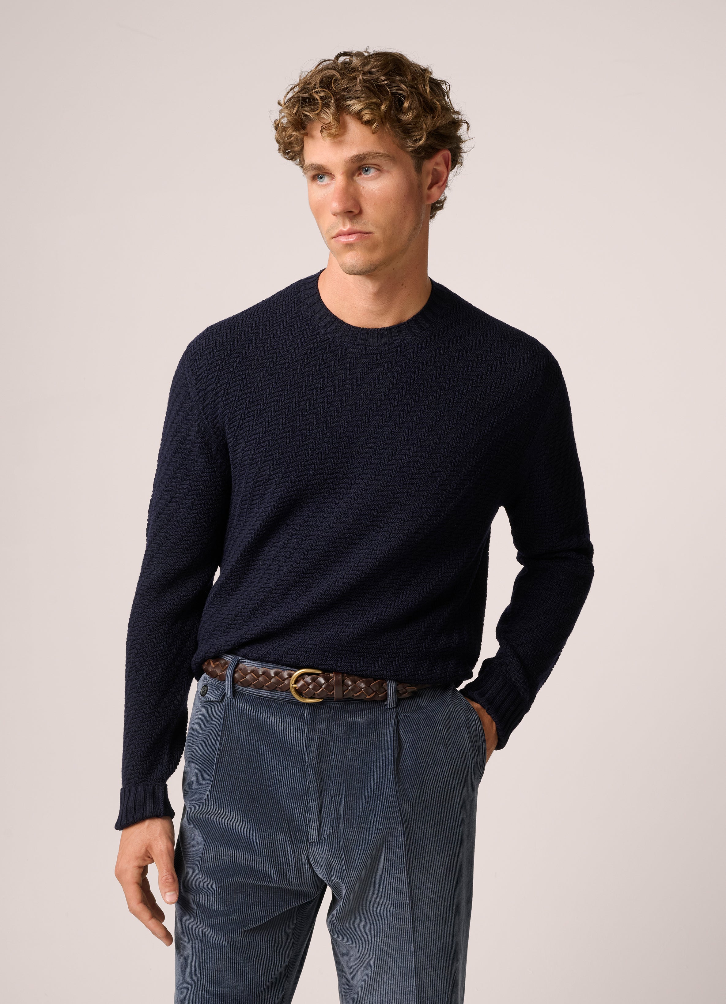 Basketweave Crew Neck Sweater - Wool - Deep Navy Blue