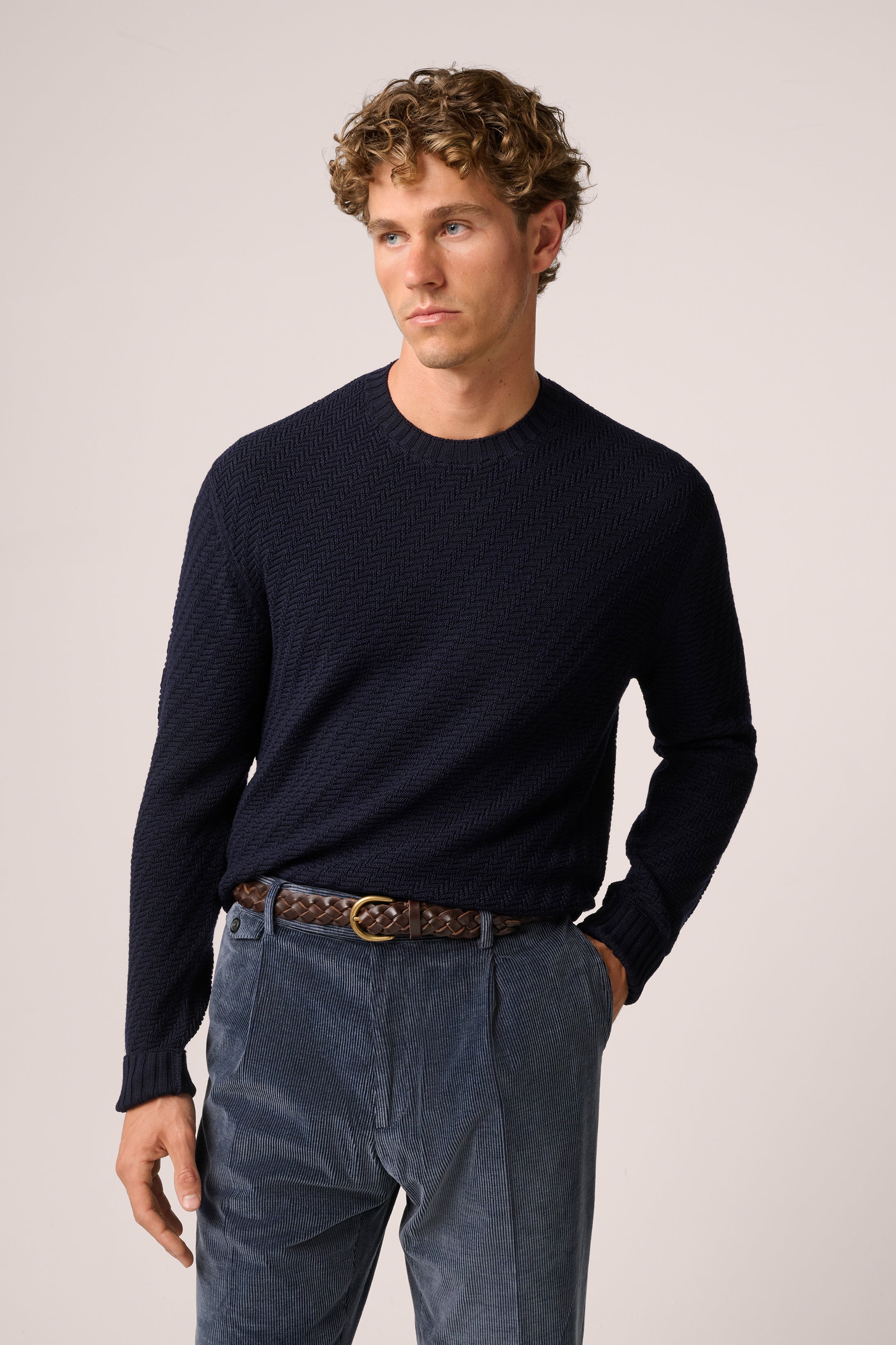 Basketweave Crew Neck Sweater - Wool - Deep Navy Blue