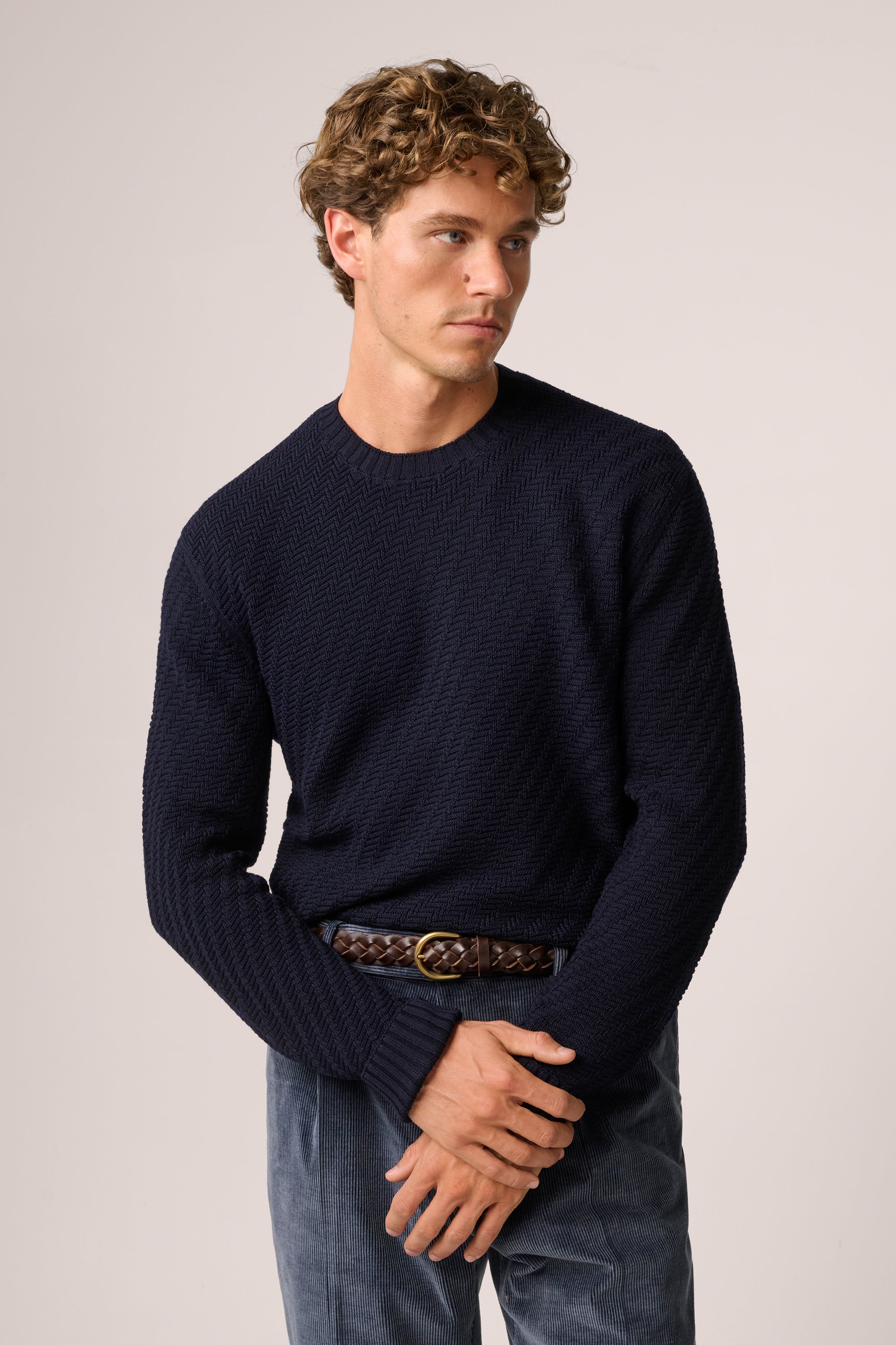 Basketweave Crew Neck Sweater - Wool - Deep Navy Blue