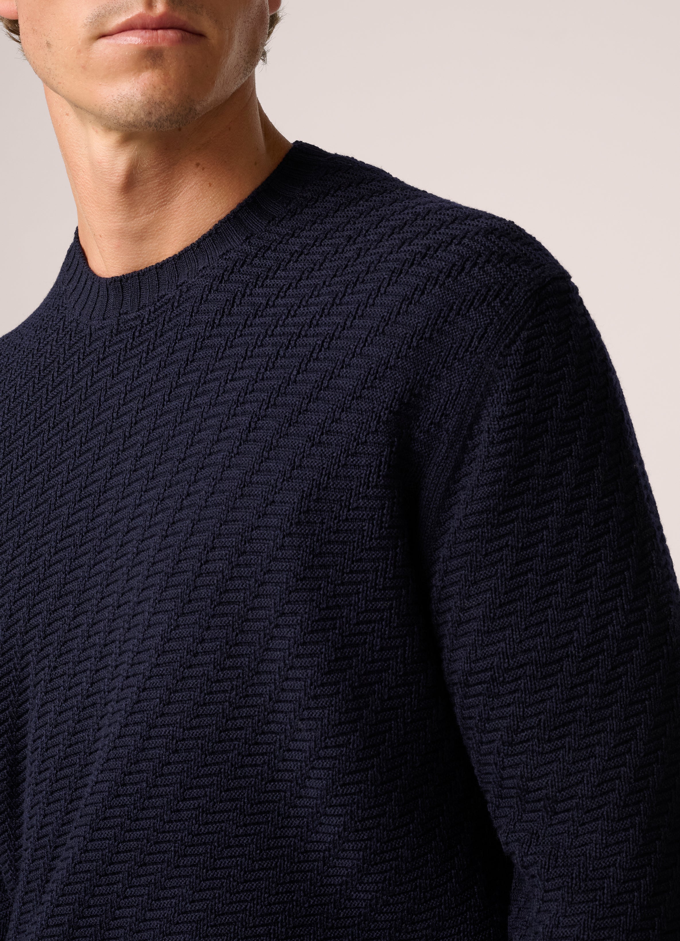 Basketweave Crew Neck Sweater - Wool - Deep Navy Blue