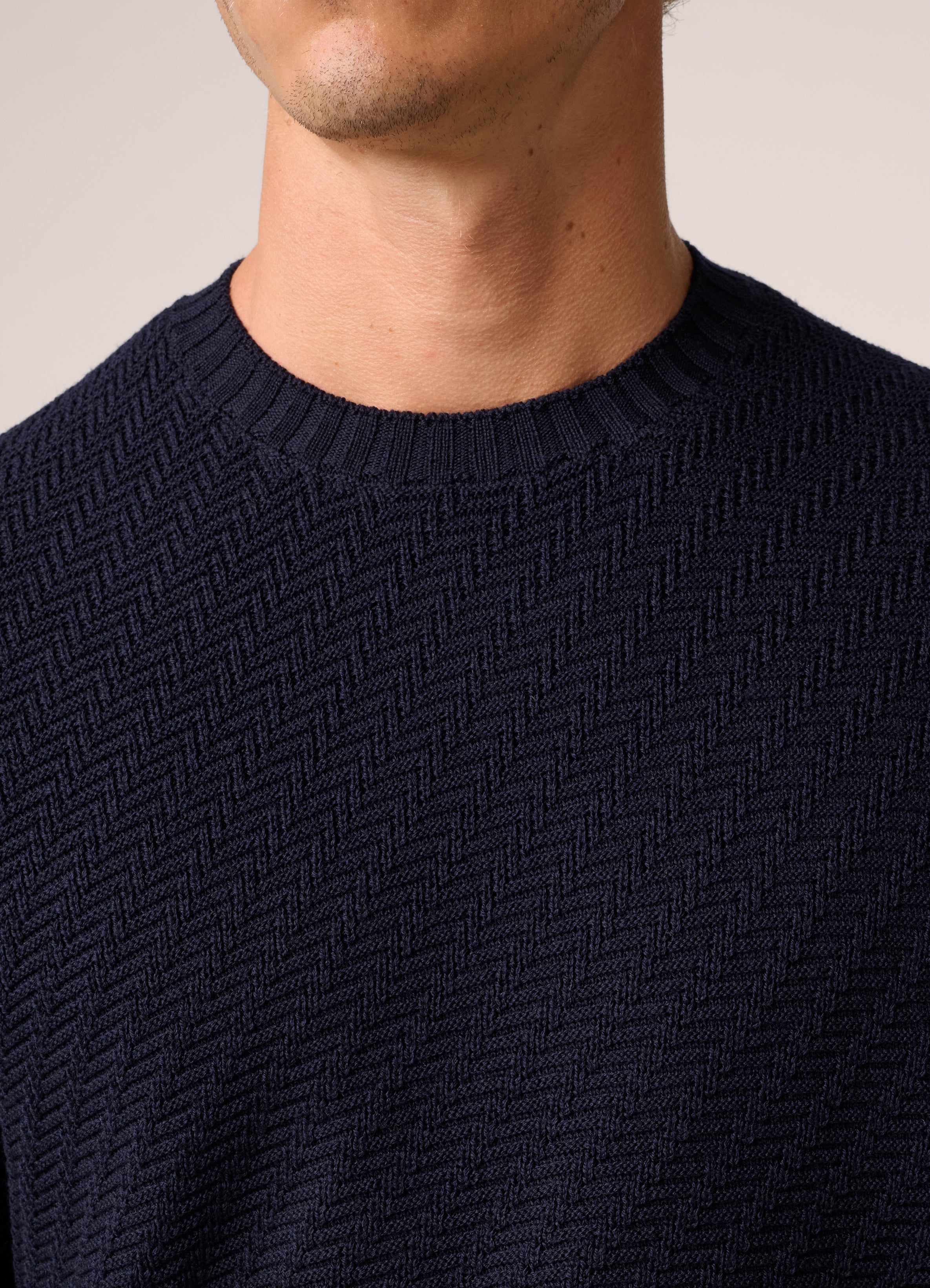 Basketweave Crew Neck Sweater - Wool - Deep Navy Blue