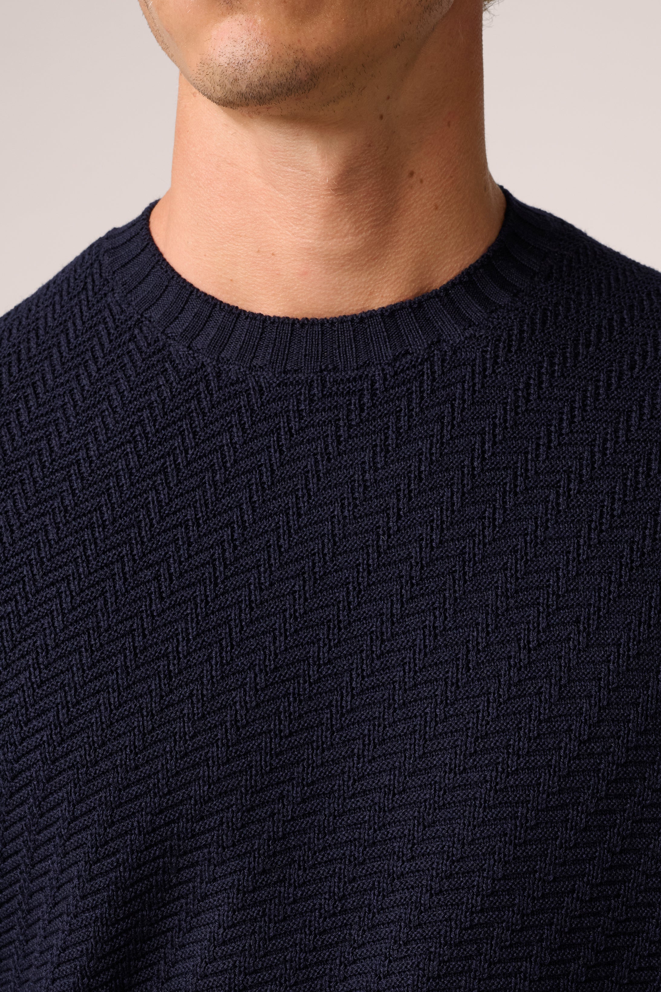 Basketweave Crew Neck Sweater - Wool - Deep Navy Blue