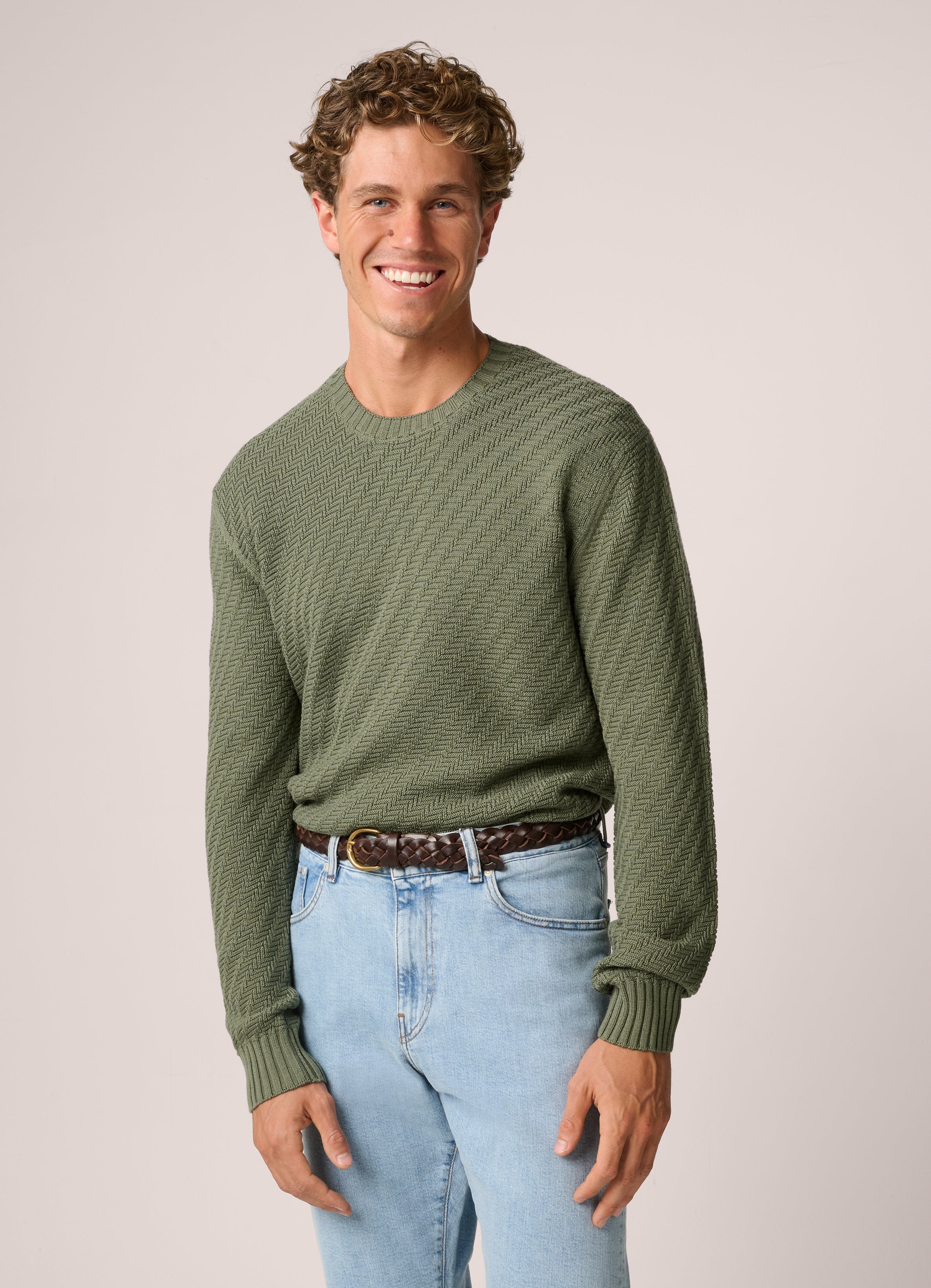 Basketweave Crew Neck Sweater - Wool - Olive Green
