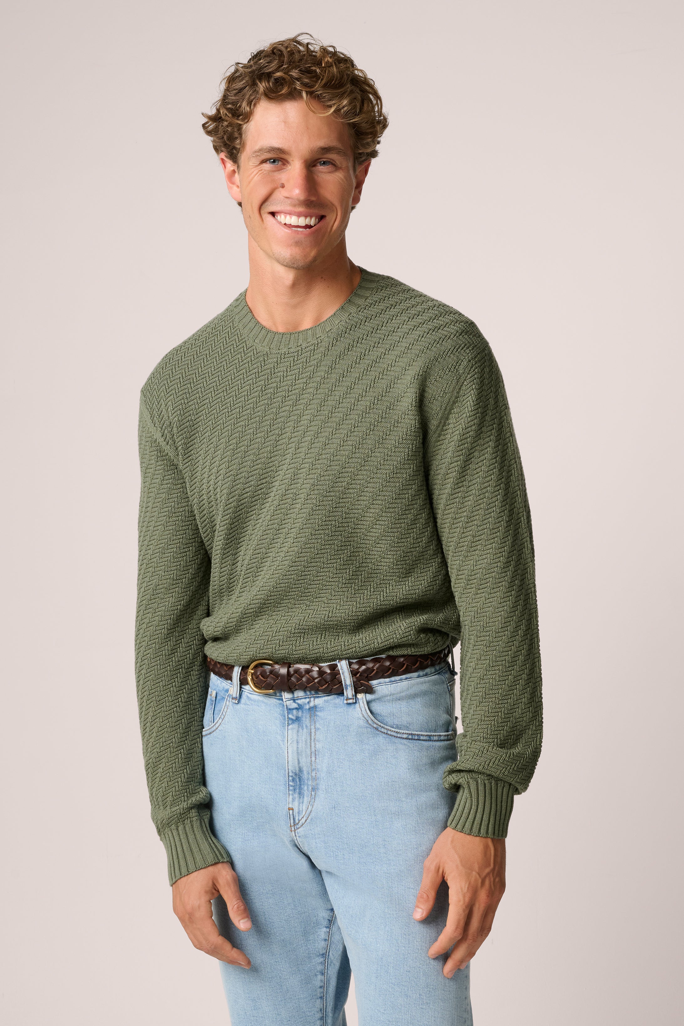 Basketweave Crew Neck Sweater - Wool - Olive Green