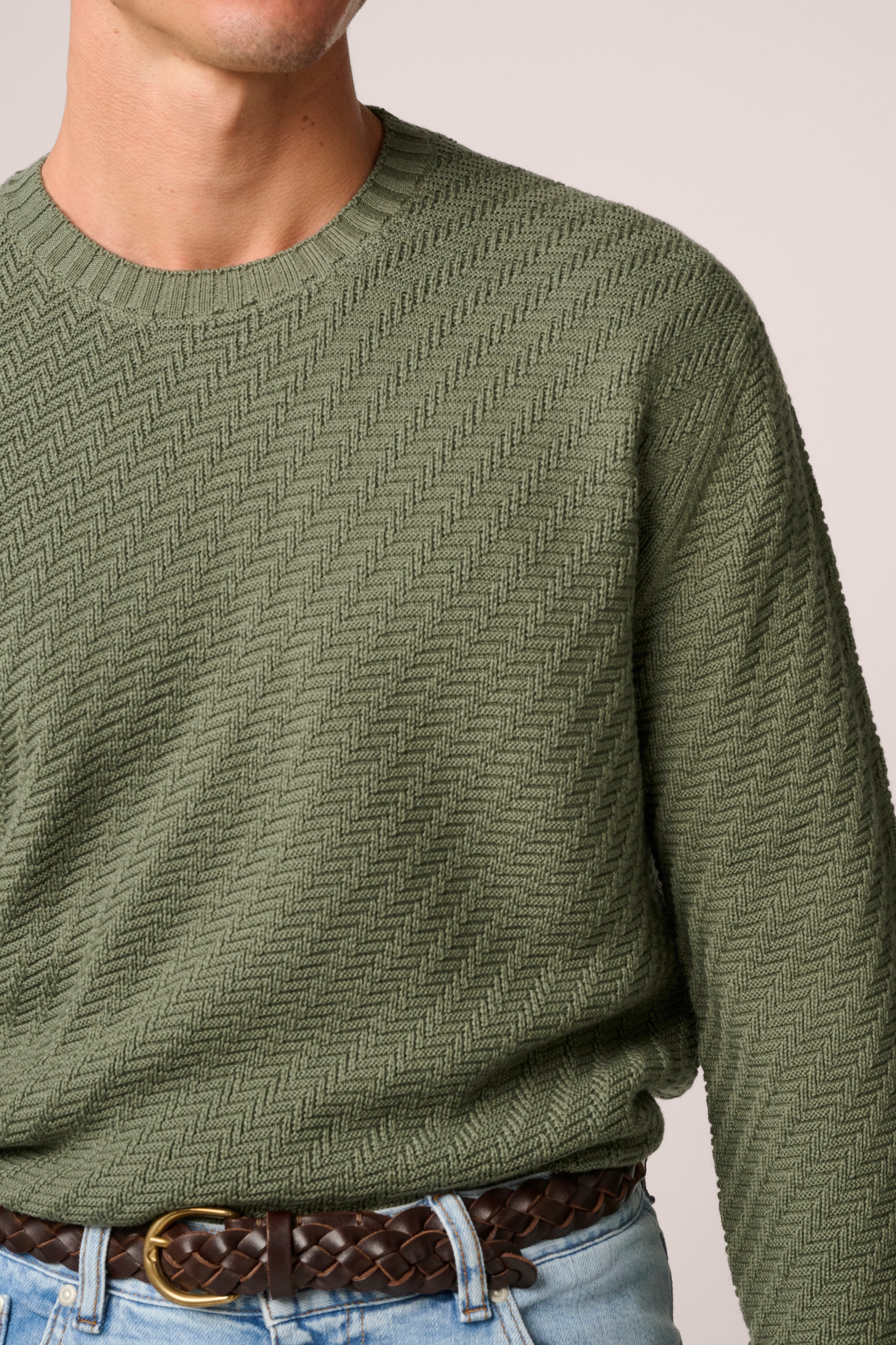 Basketweave Crew Neck Sweater - Wool - Olive Green
