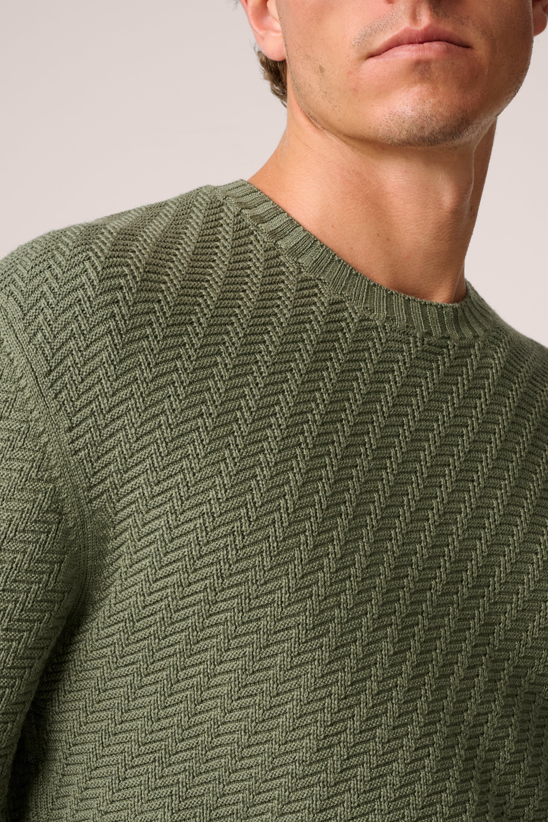 Basketweave Crew Neck Sweater - Wool - Olive Green