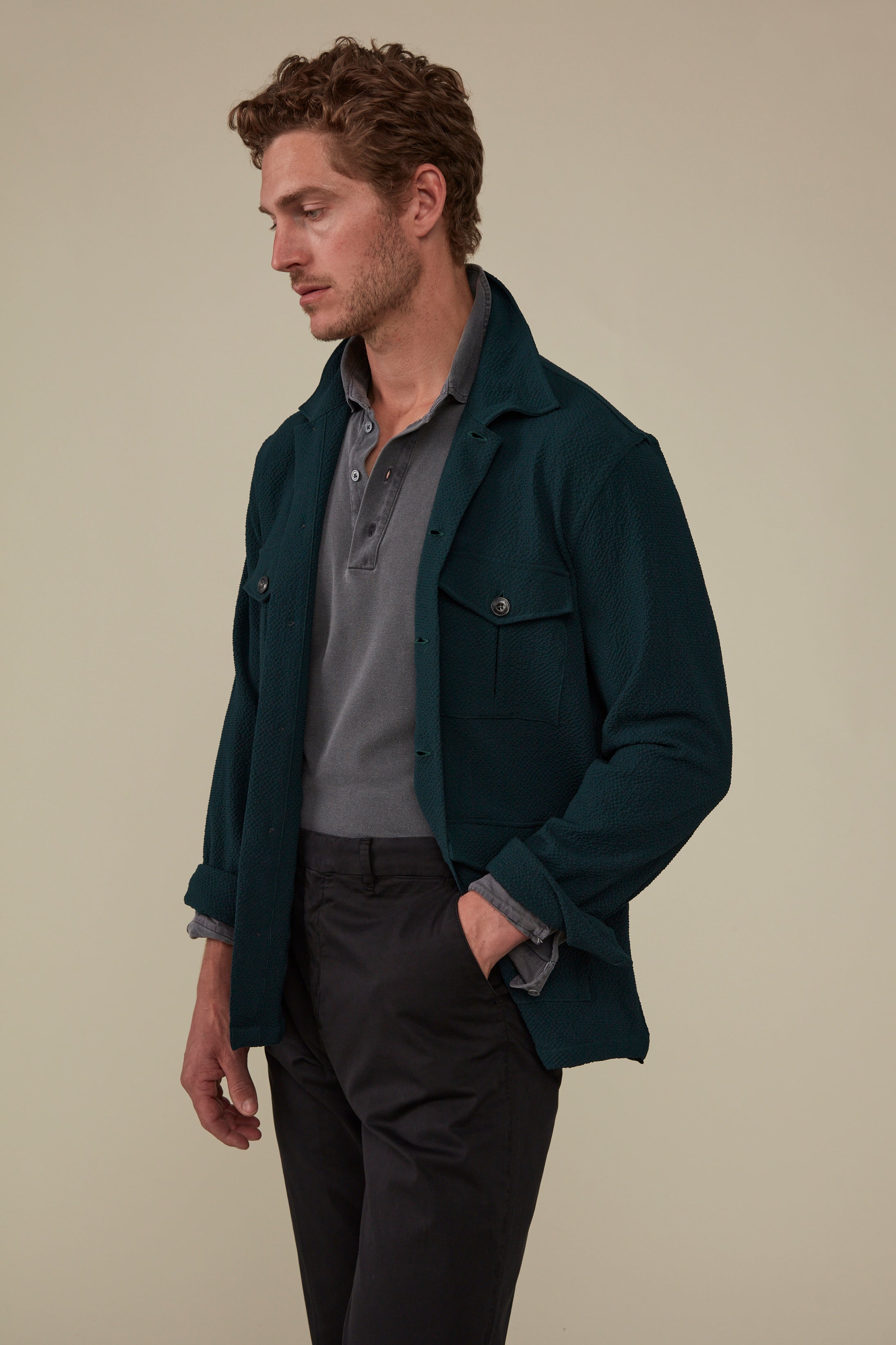 Clifton Seersucker Overshirt Virgin Wool and Mohair- Emerald