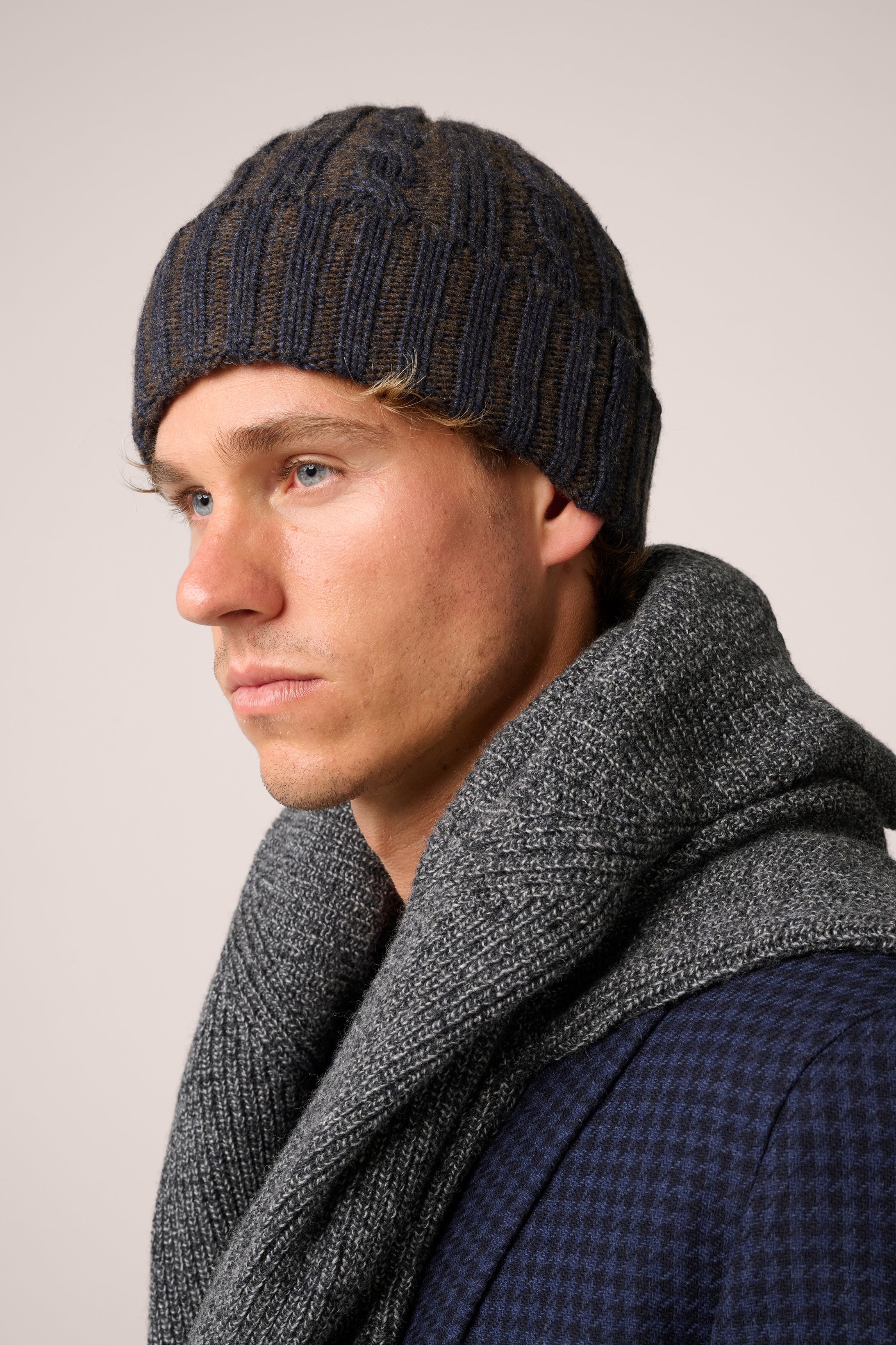 Ribbed Knit Beanie - Cashmere And Wool - Blue And Brown