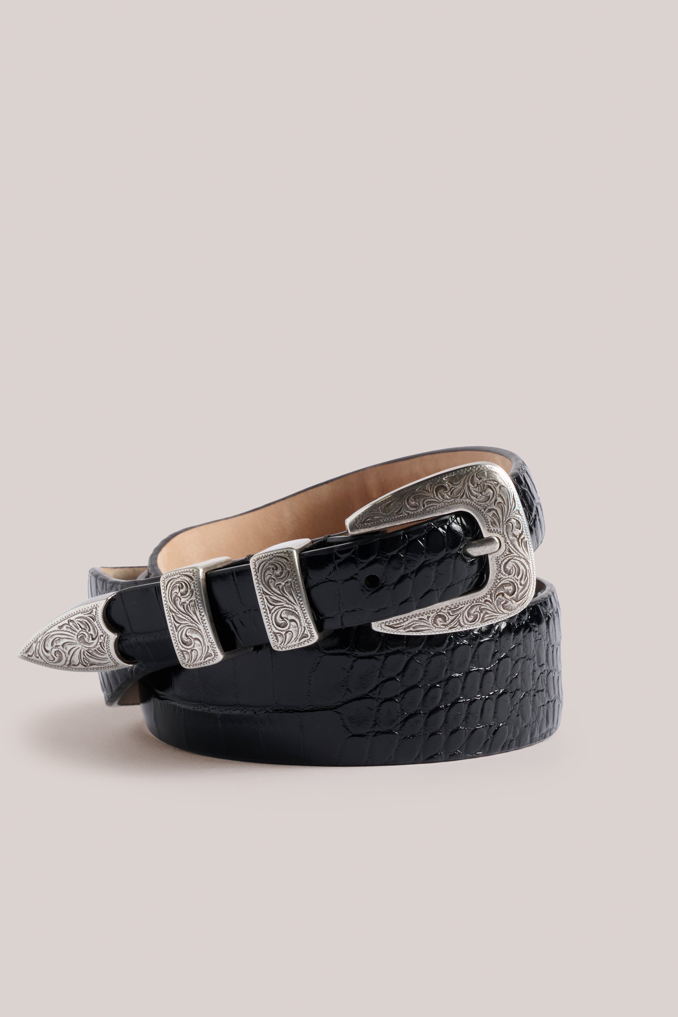 Sterling Belt - Lizard Print Leather - Black & Silver