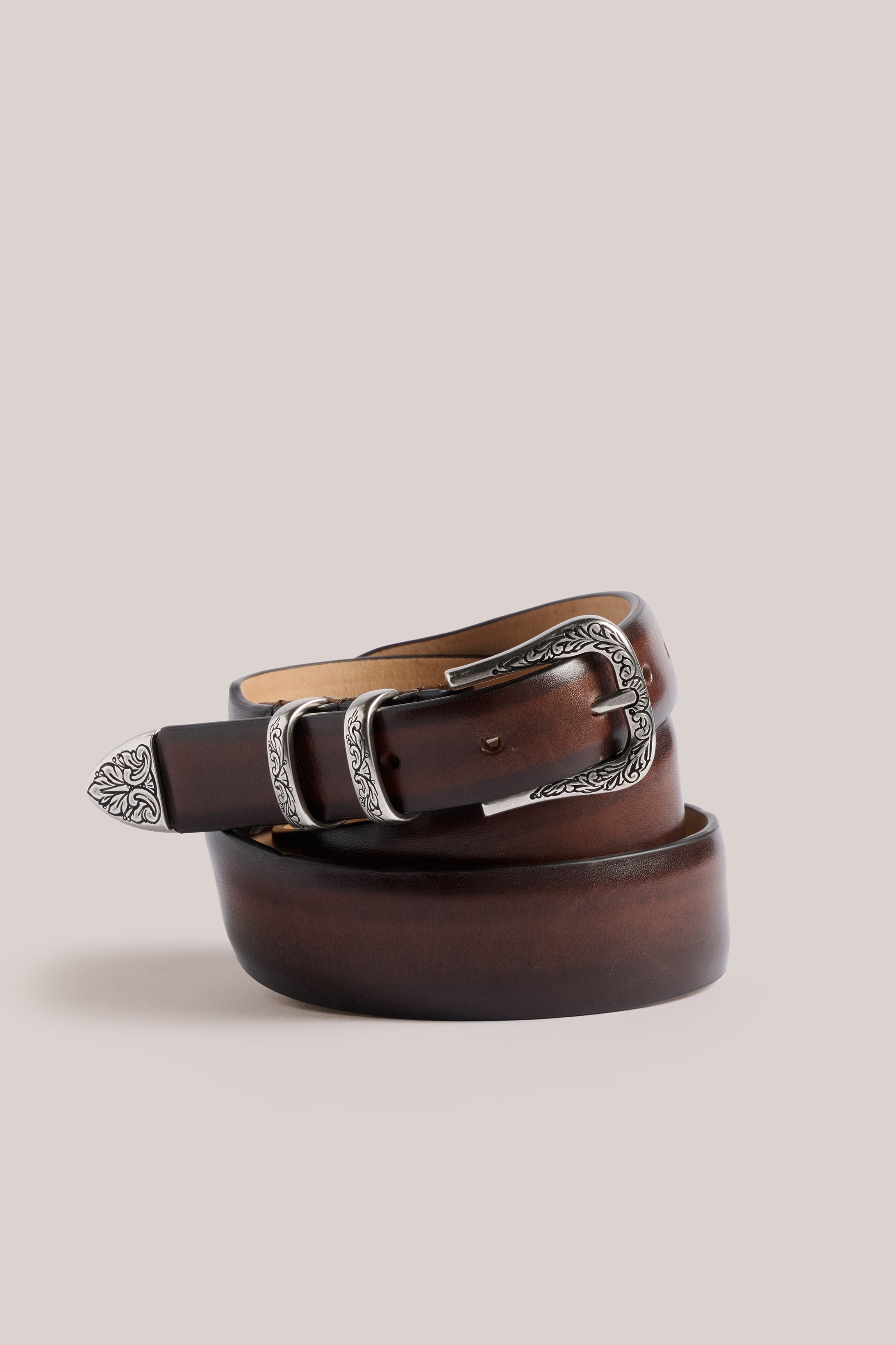 Burnished Belt - Patina Smooth Leather - Brown & Silver