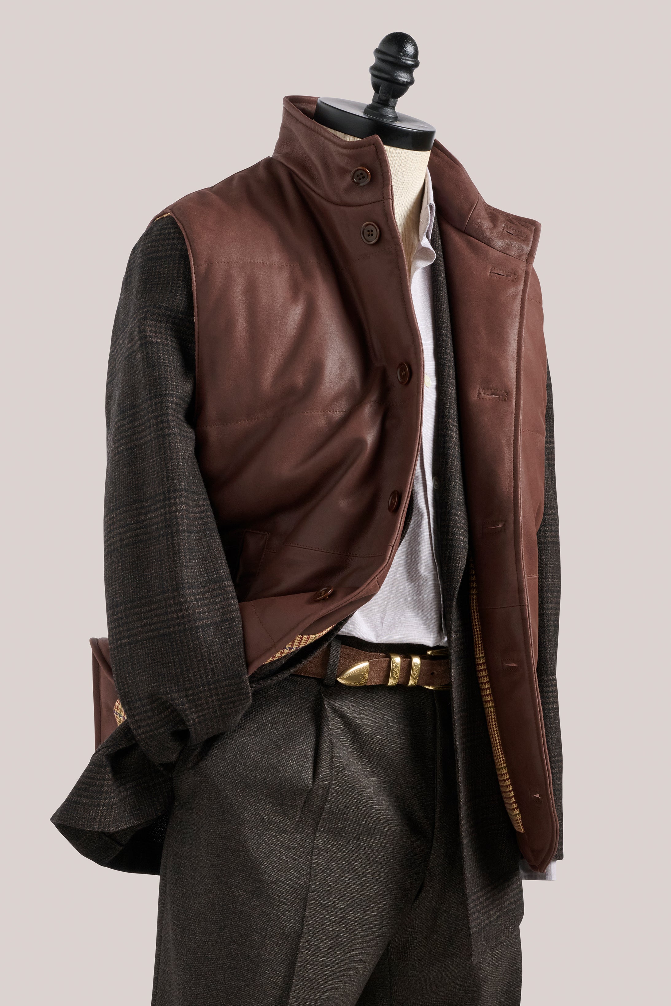 トップス SYNTHETIC LEATHER QUILTING MINI VEST Leather Quilted Vest - Walnut Brown with Plaid Lining – CHRISTIAN