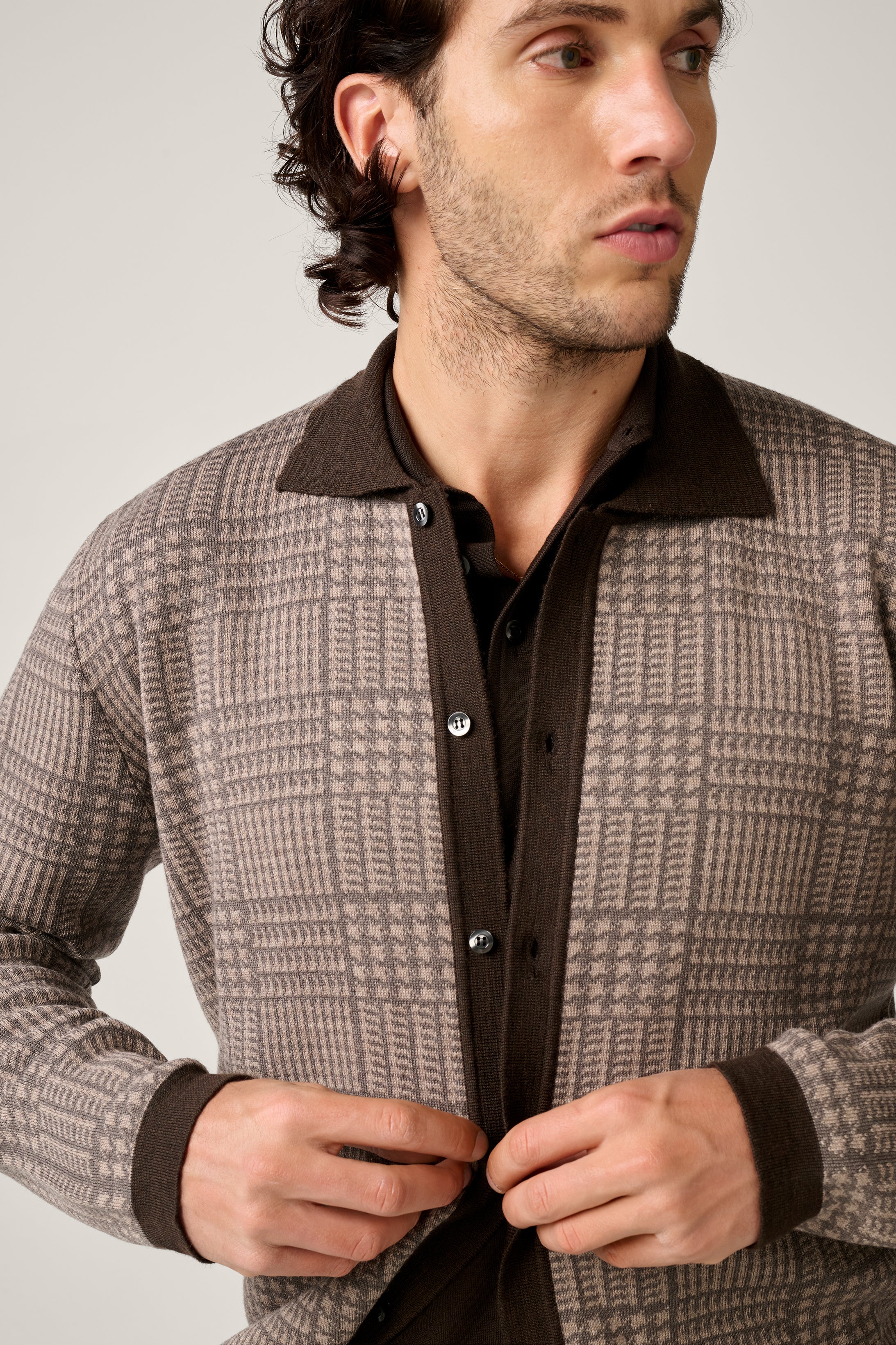 Prince of Wales Polo Cardigan - Chocolate