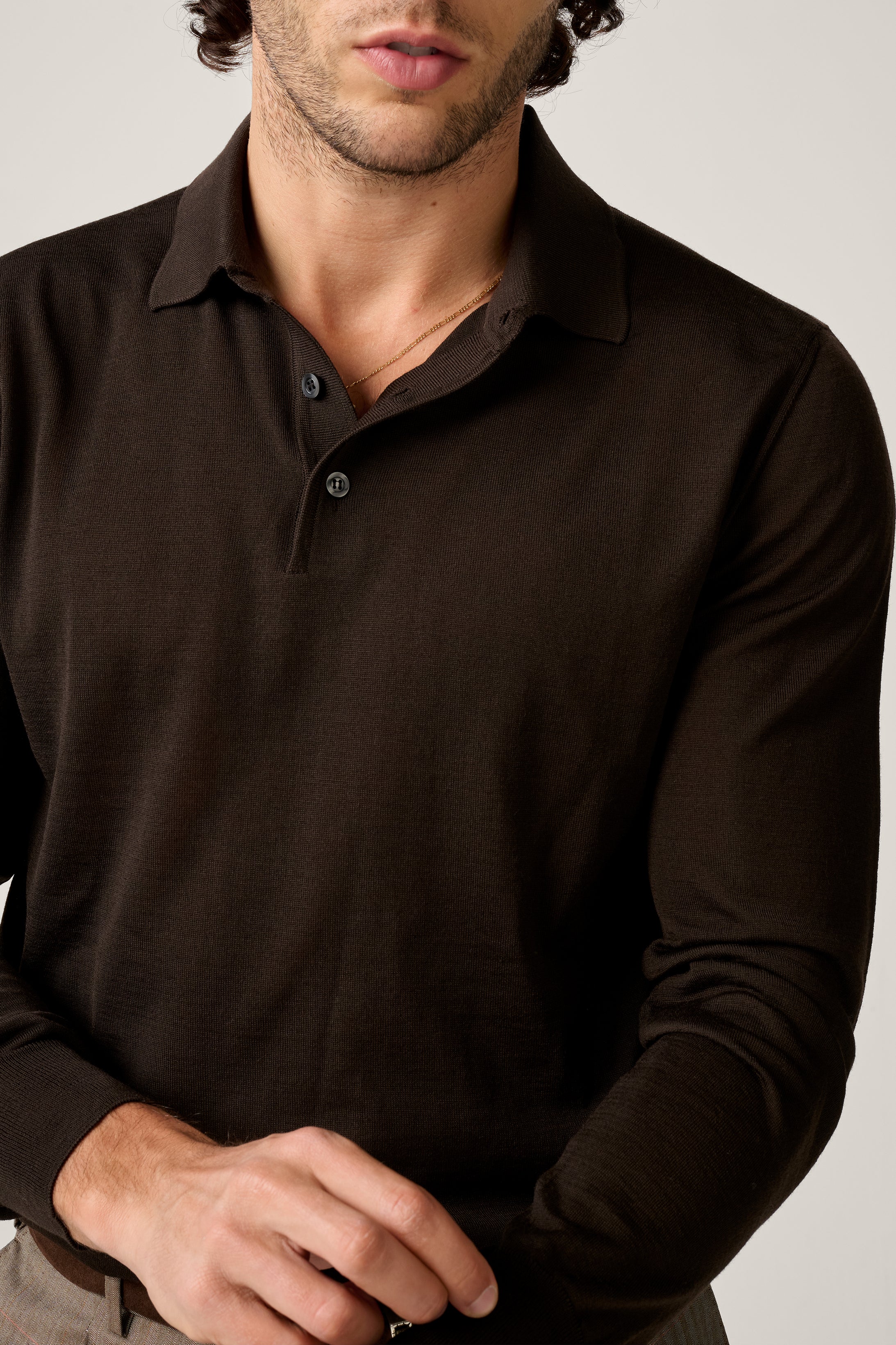 Rye Paperweight Merino Long Sleeve Polo - Espresso