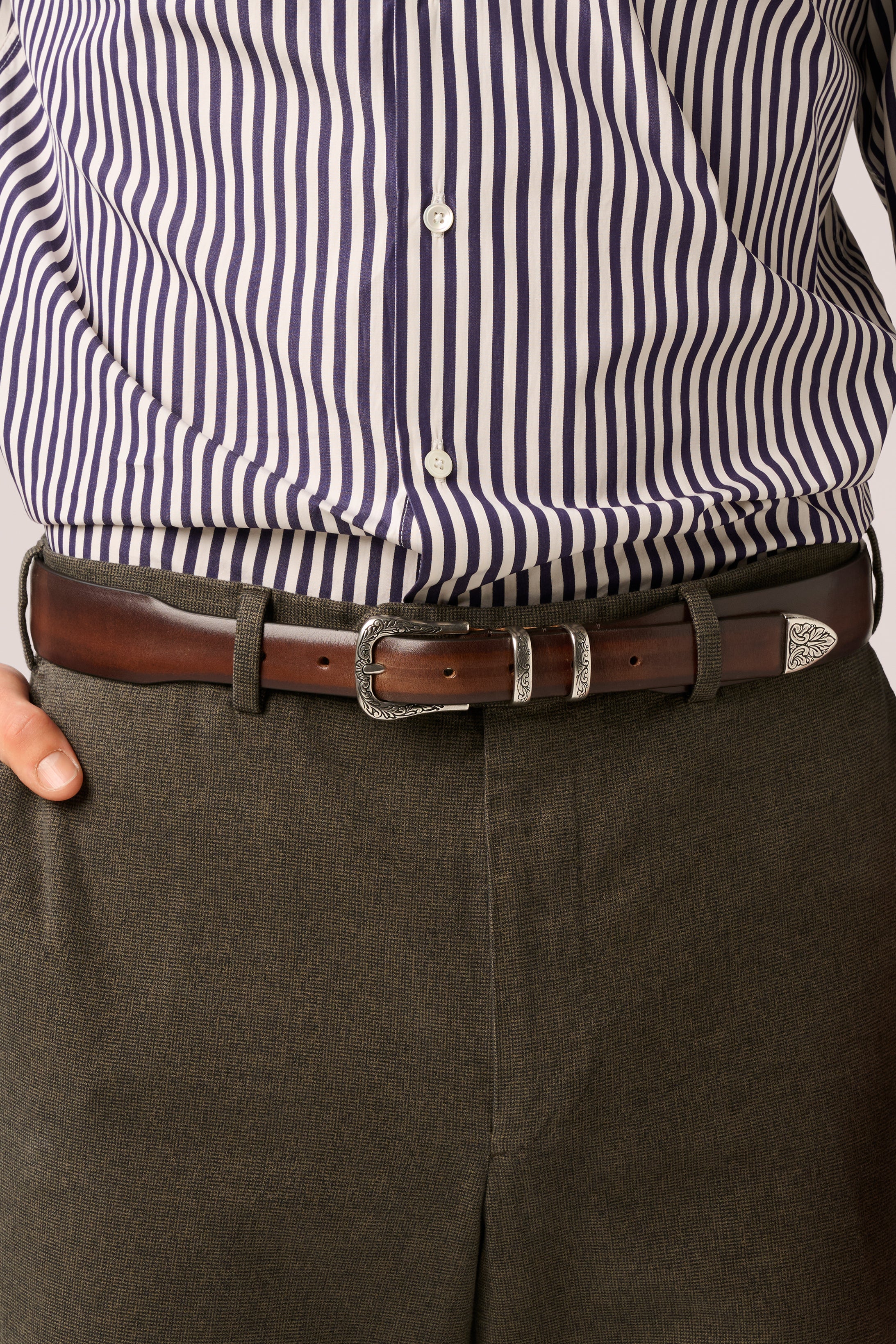 Burnished Belt - Patina Smooth Leather - Brown & Silver