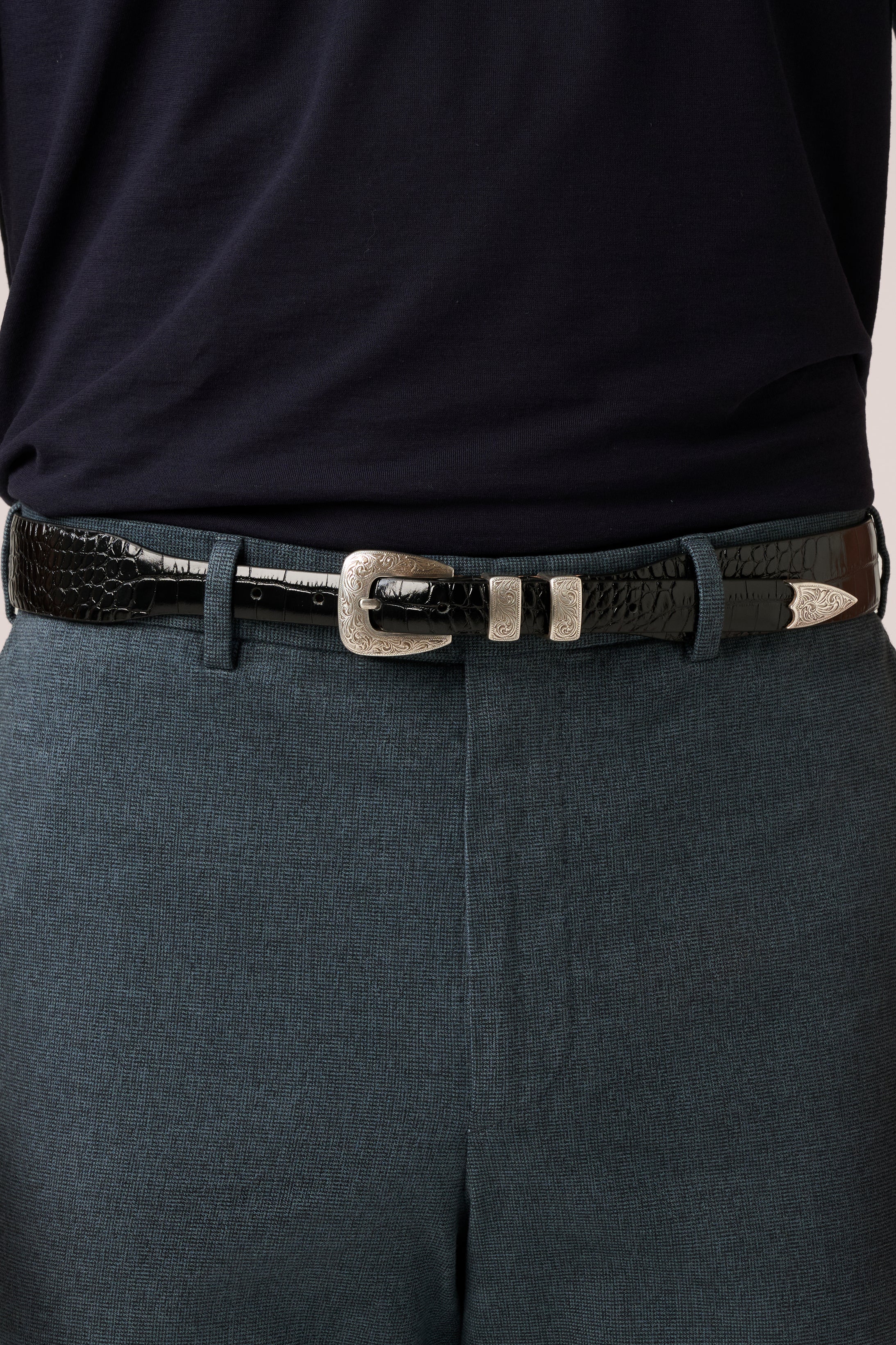 Sterling Belt - Lizard Print Leather - Black & Silver