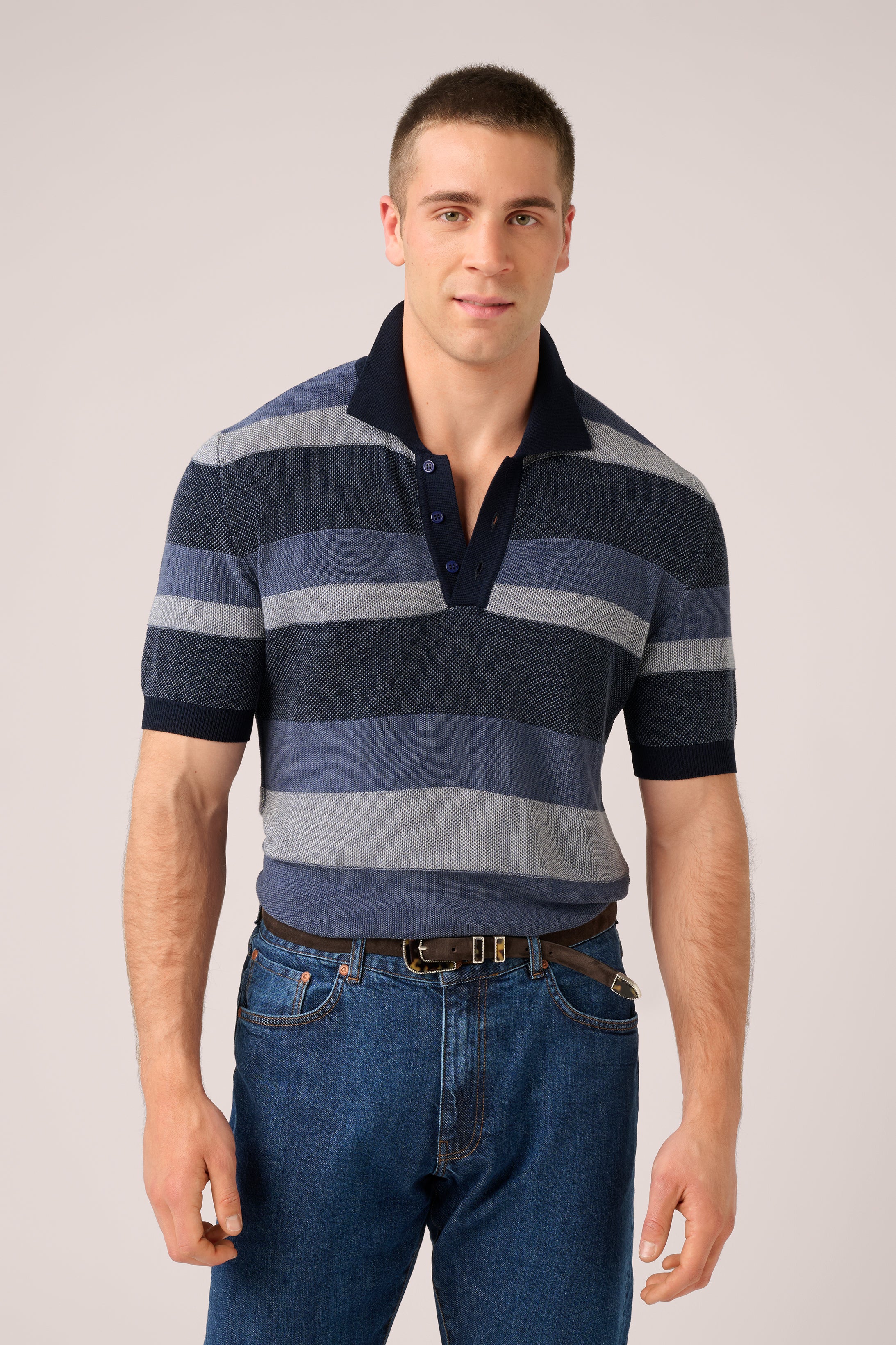 Short-Sleeved Knit Polo - Italian Cotton - Blue & White Stripe (PRE-ORDER)
