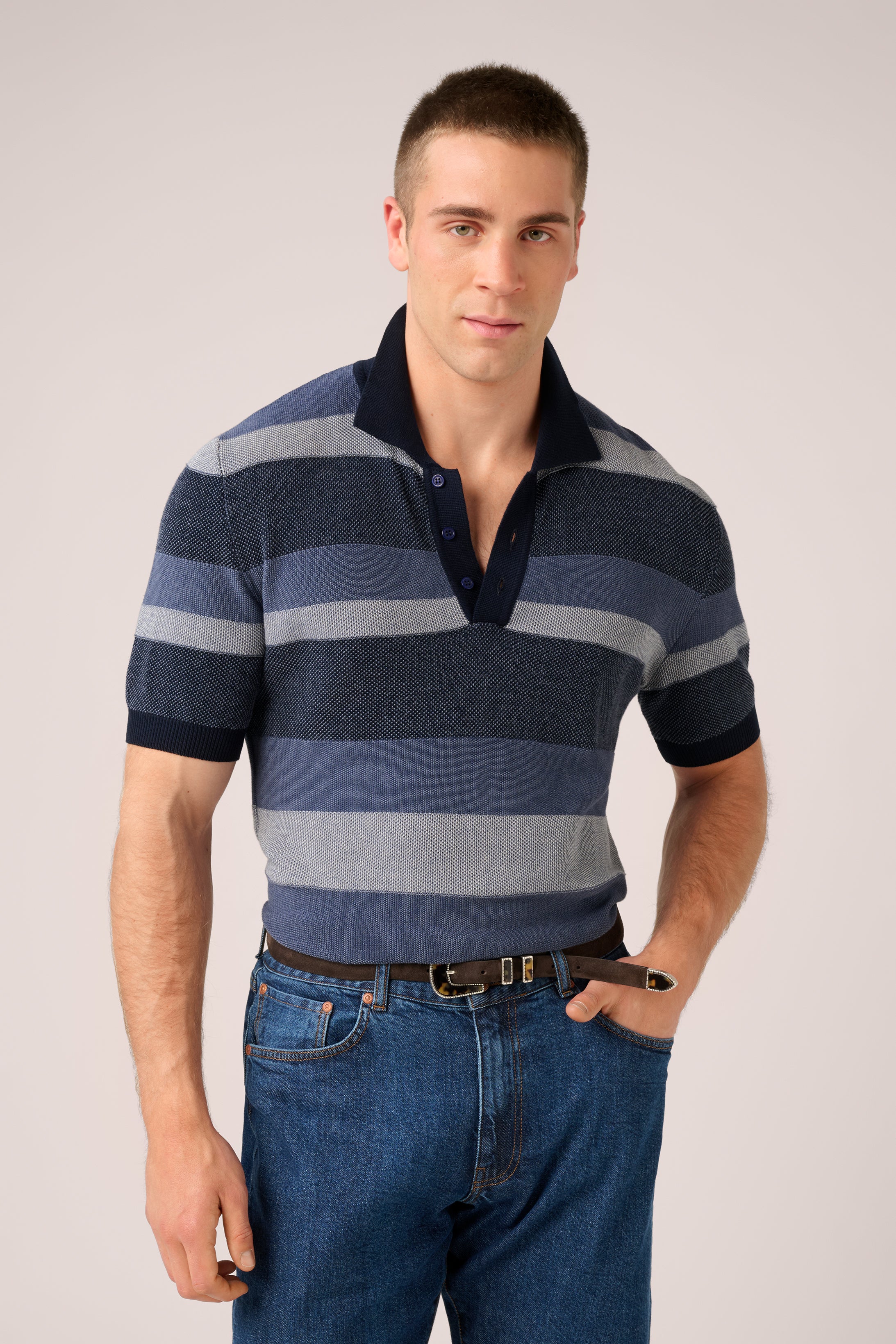 Short-Sleeved Knit Polo - Italian Cotton - Blue & White Stripe (PRE-ORDER)