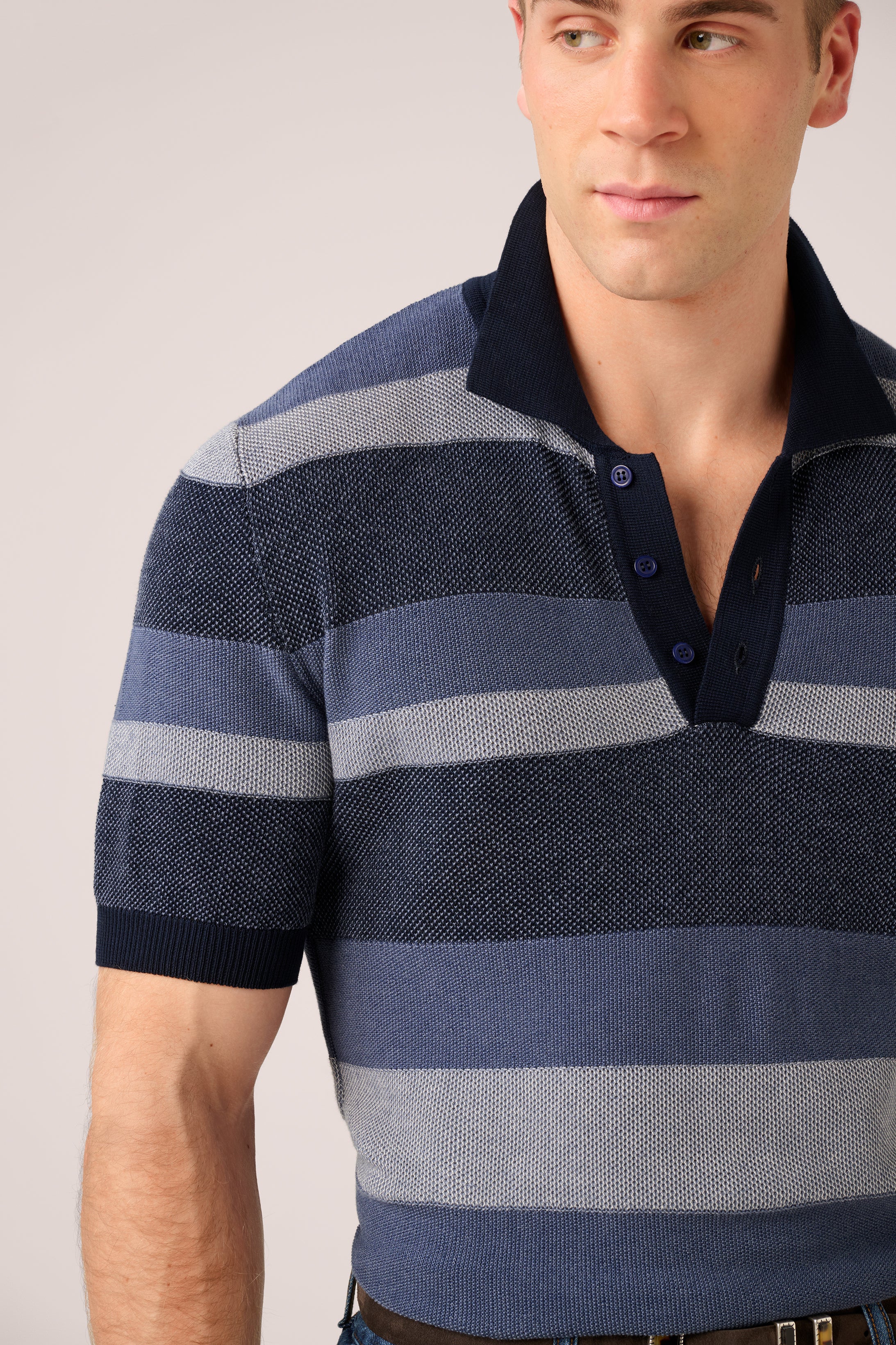 Short-Sleeved Knit Polo - Italian Cotton - Blue & White Stripe (PRE-ORDER)