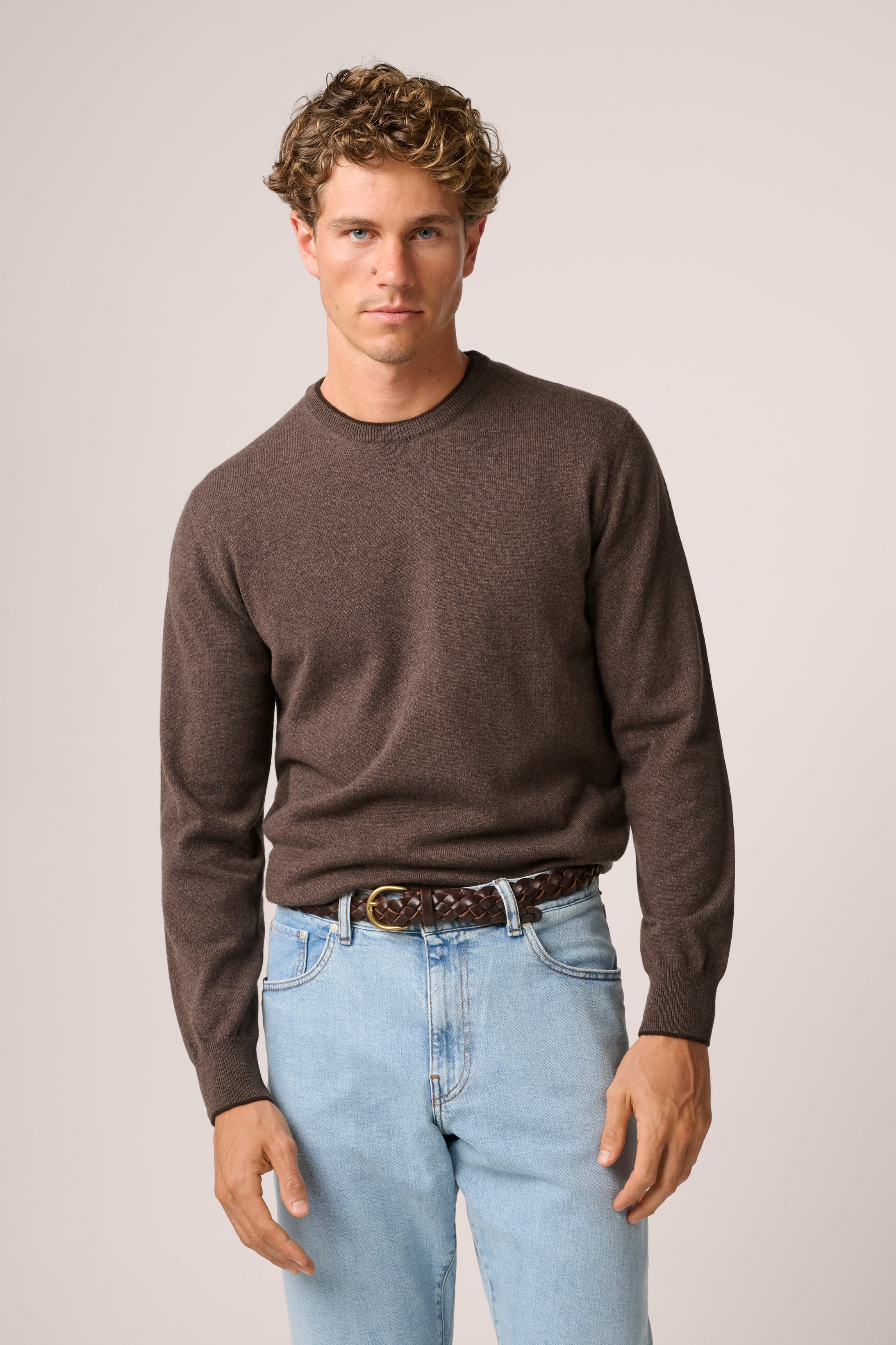 Crew Neck Knit Sweater - Cashmere - Chocolate Brown
