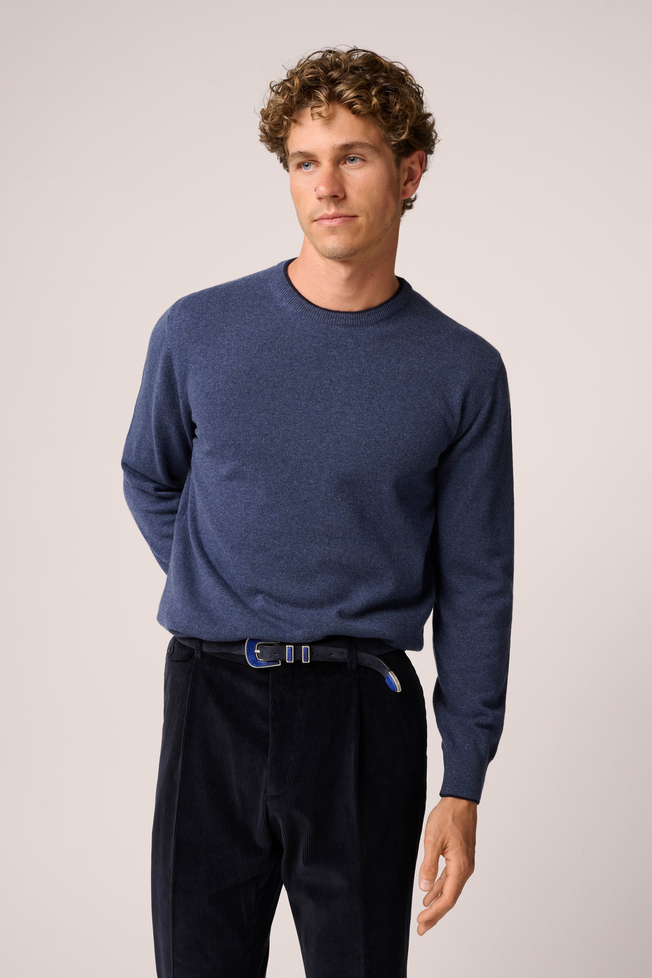 Crew Neck Knit Sweater - Cashmere - Indigo Blue