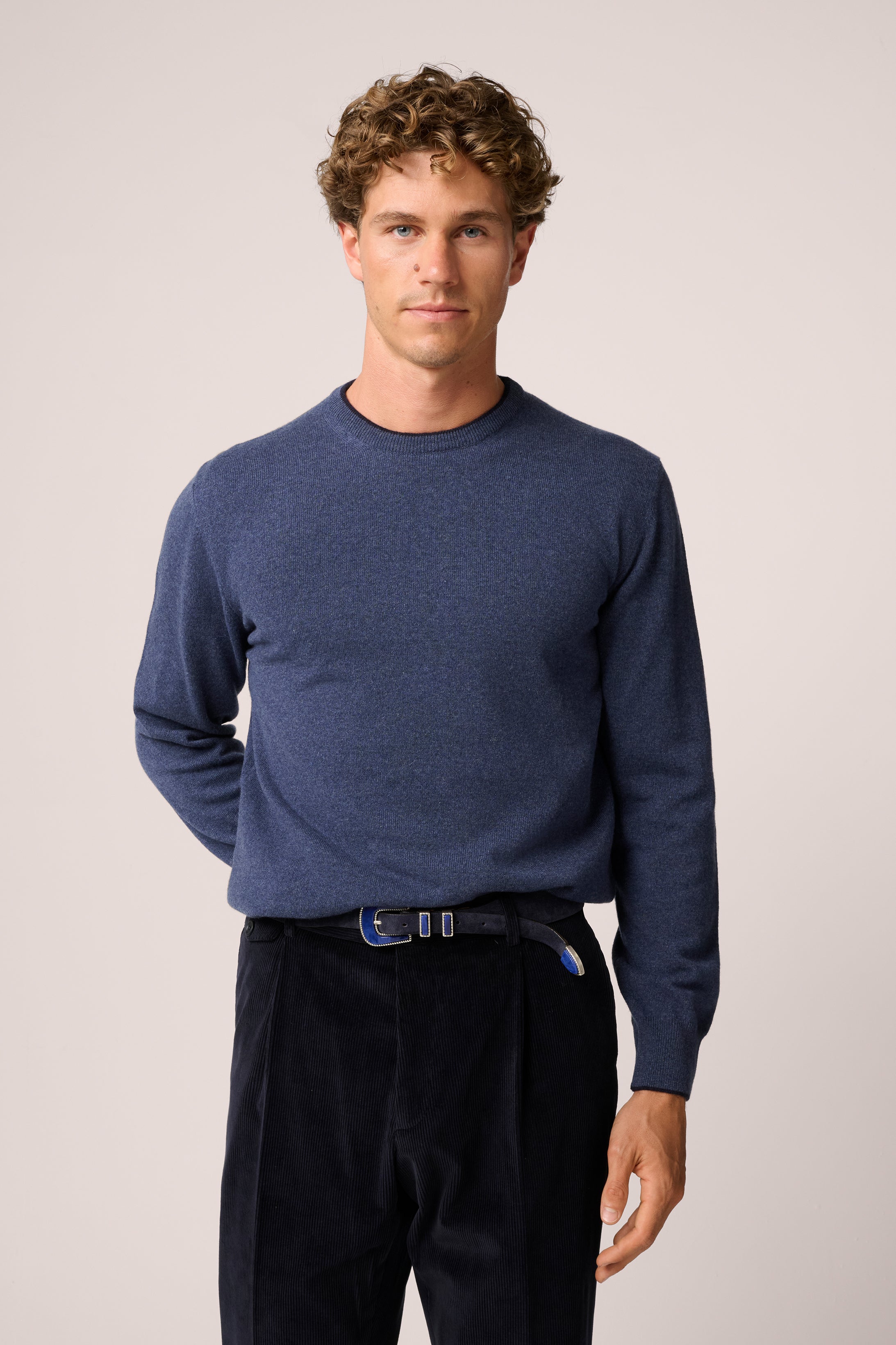 Crew Neck Knit Sweater - Cashmere - Indigo Blue