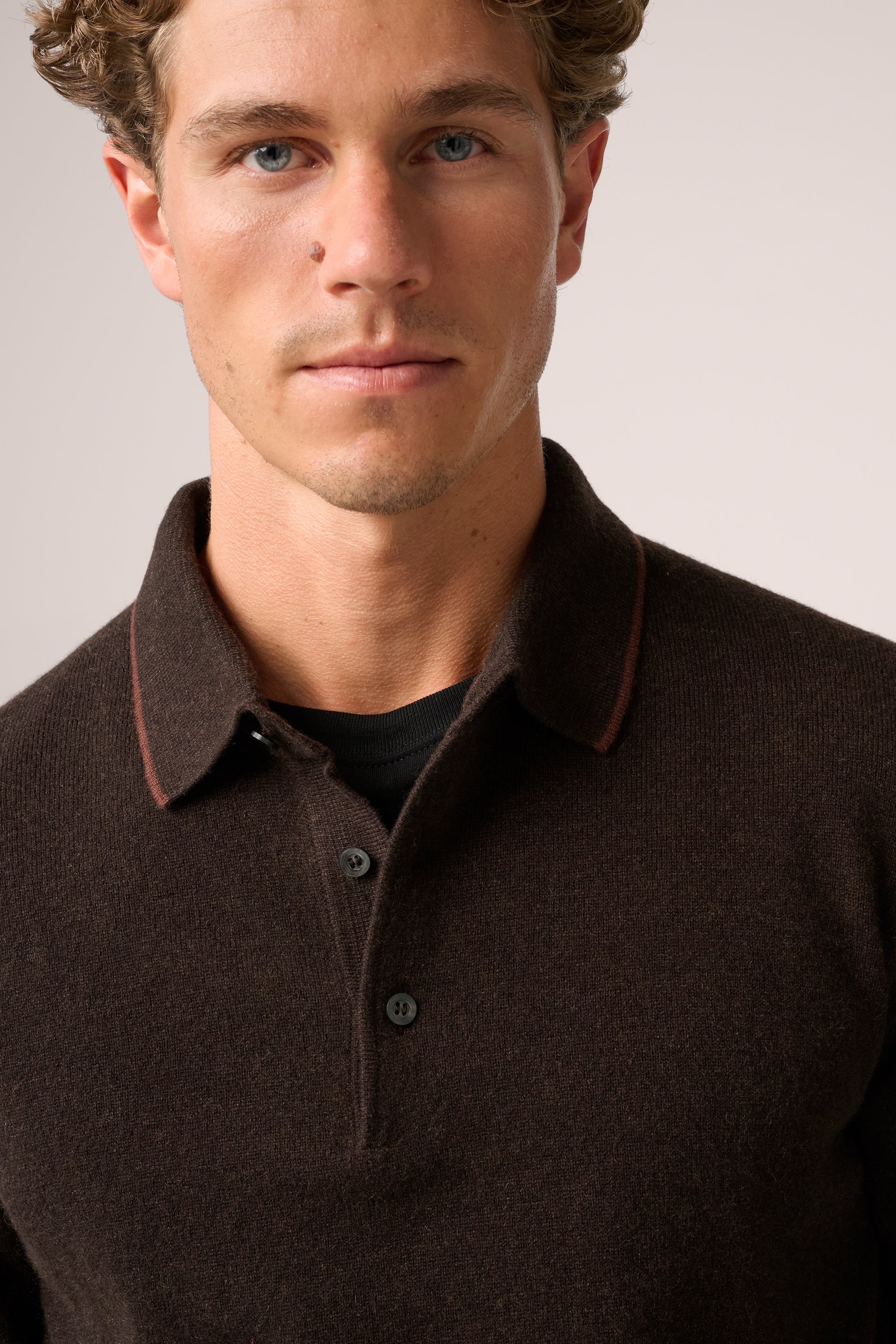 Long-Sleeved Polo - Cashmere - Chocolate Brown
