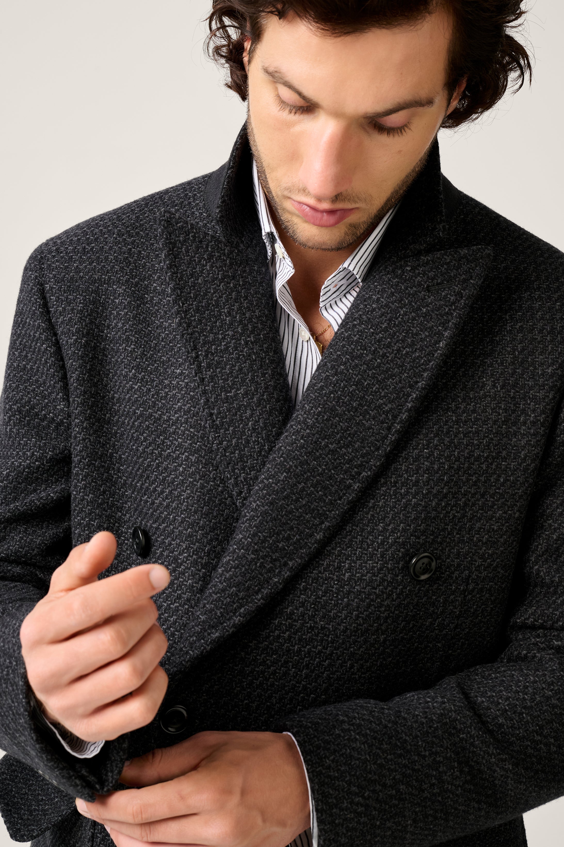 Kyneton Double-Breasted Italian Wool/Cashmere Overcoat - Charcoal Herringbone