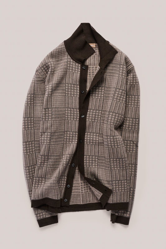 LS Wool Polo Cardigan - ChocolatePrince of Wales