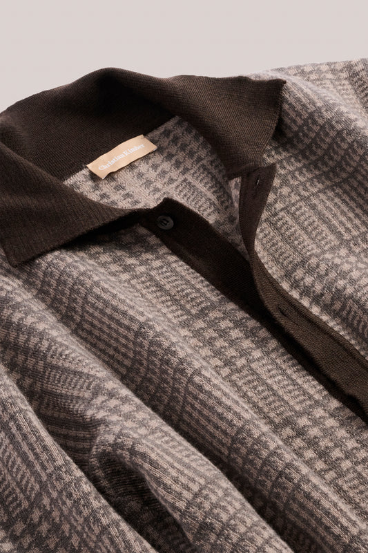 LS Wool Polo Cardigan - ChocolatePrince of Wales
