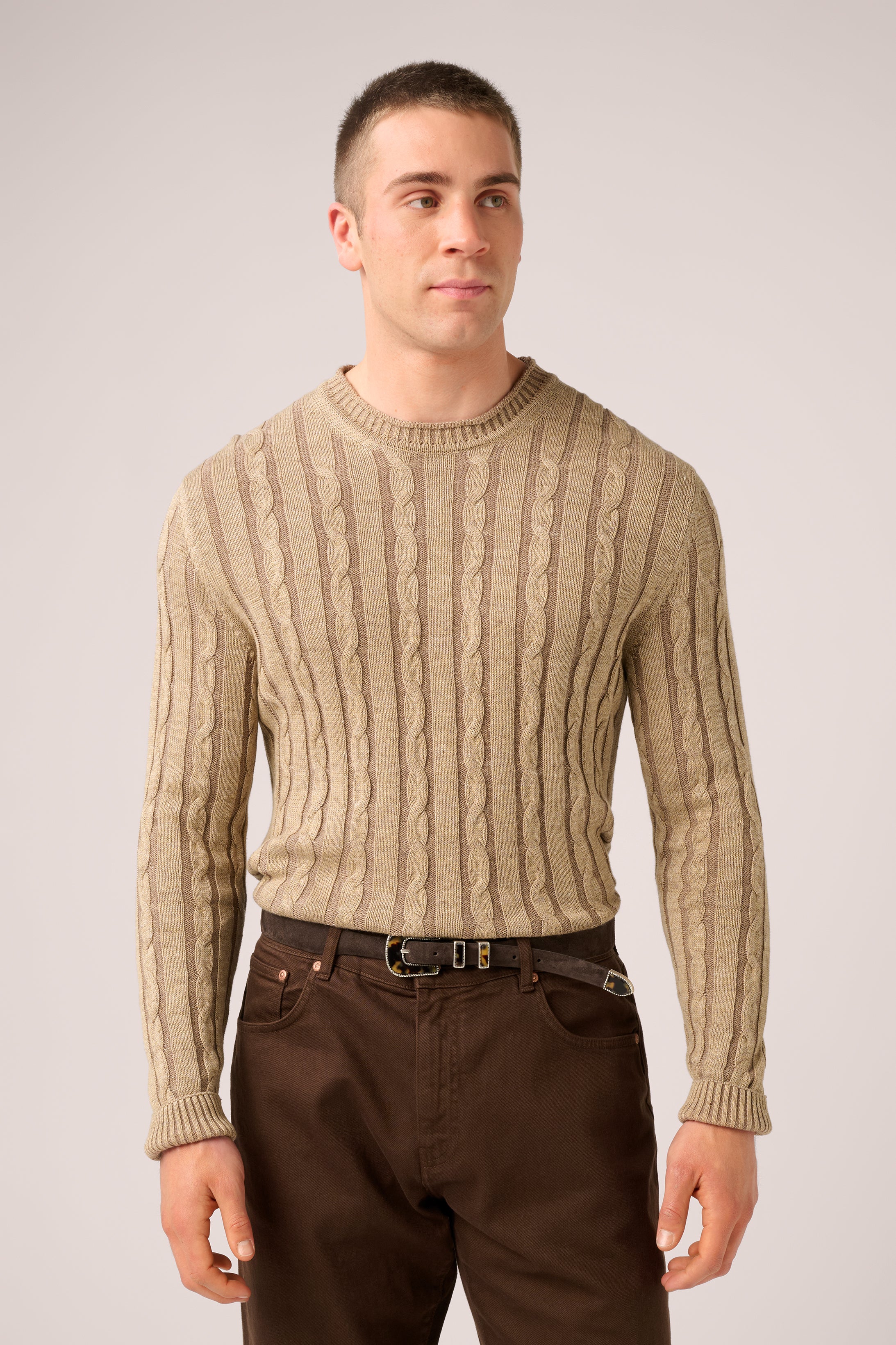 Long Sleeve Cable Knit Sweater - Italian Cotton & Linen - Washed Sand (Pre-Order)