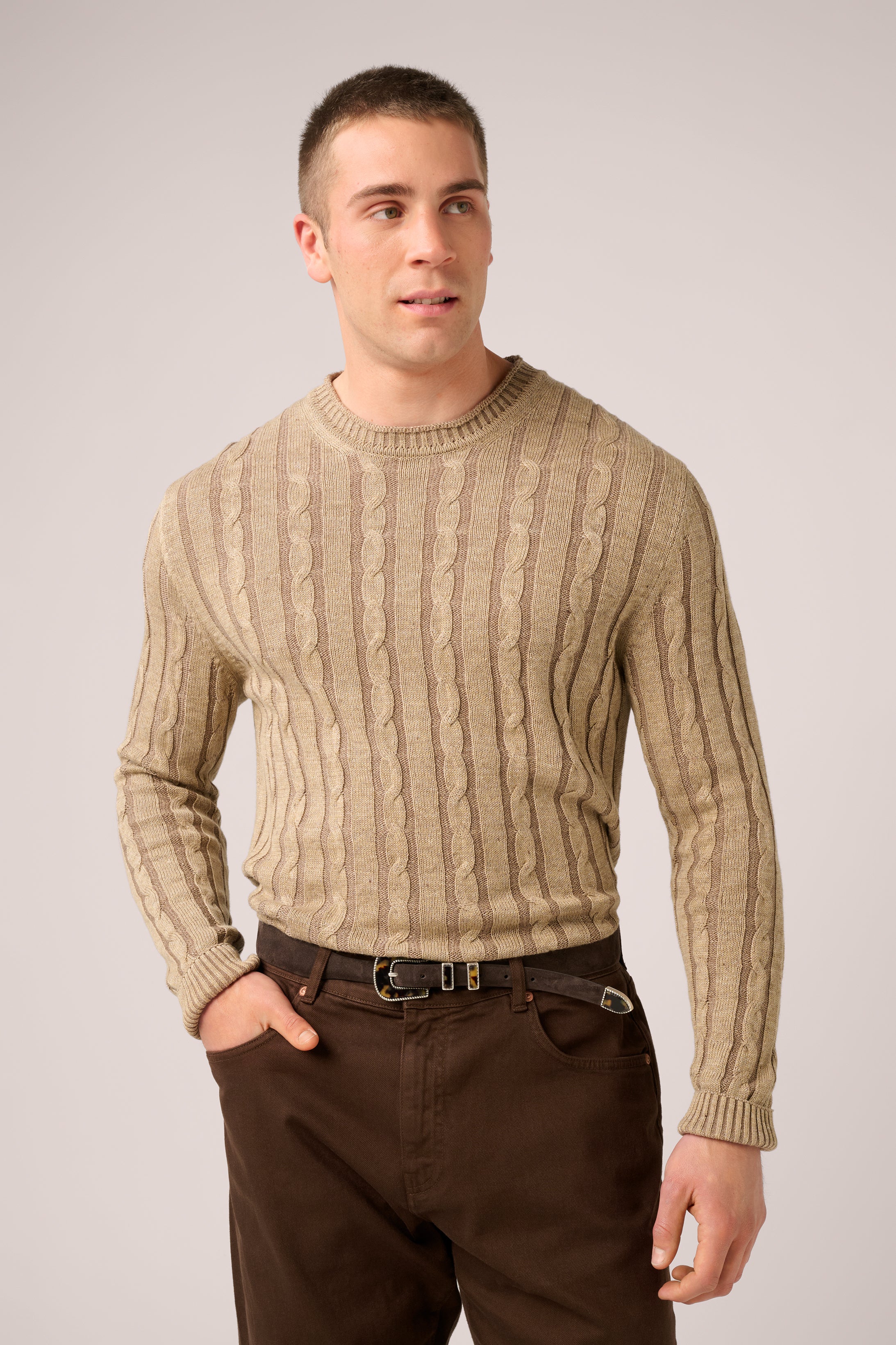 Long Sleeve Cable Knit Sweater - Italian Cotton & Linen - Washed Sand (Pre-Order)