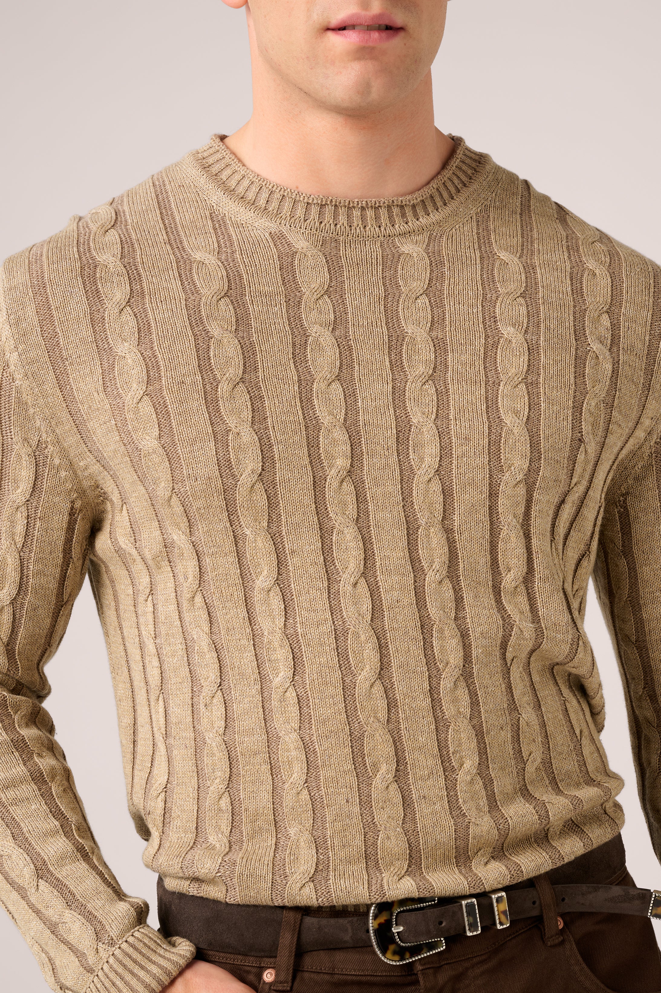 Long Sleeve Cable Knit Sweater - Italian Cotton & Linen - Washed Sand (Pre-Order)