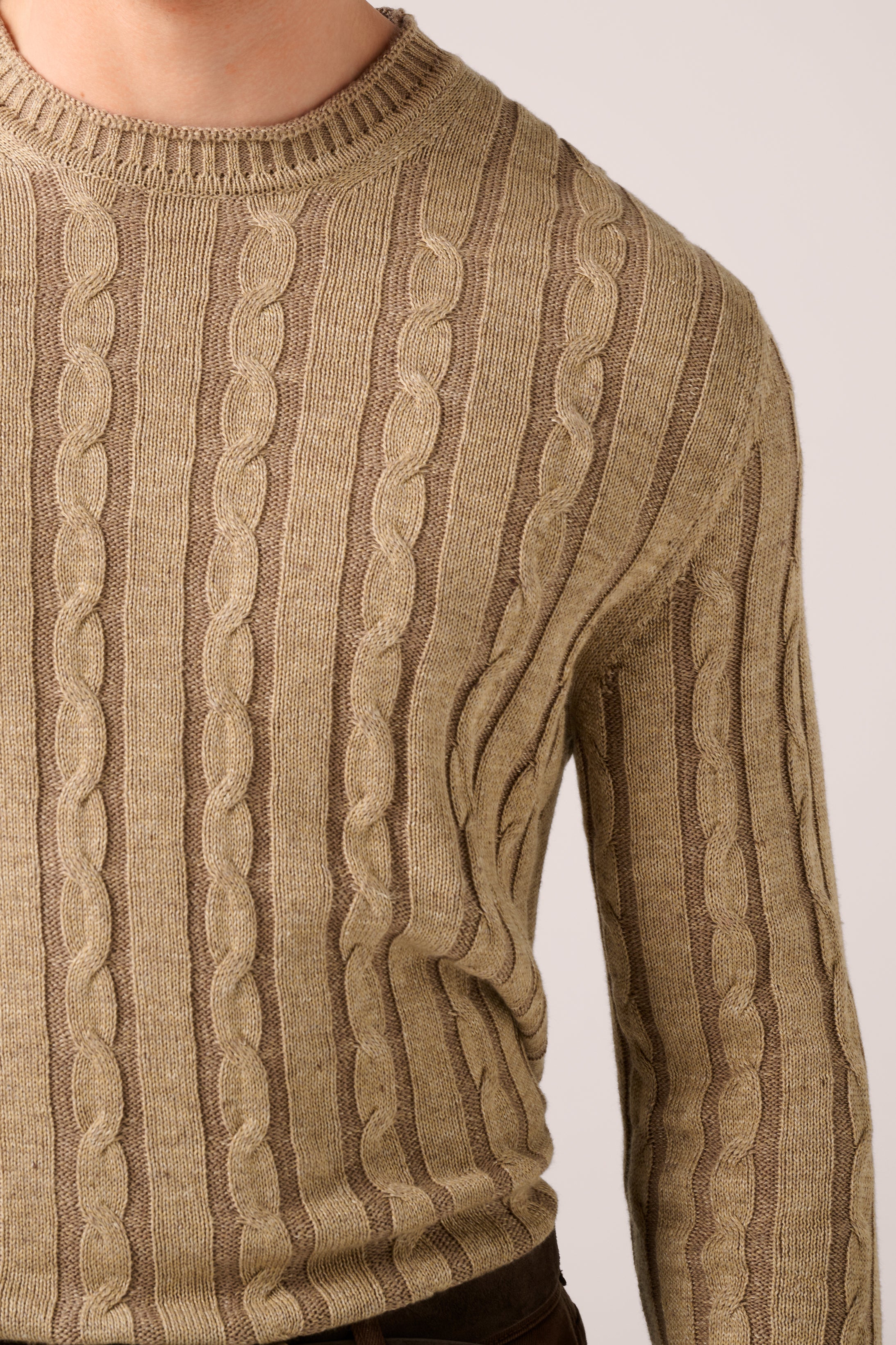 Long Sleeve Cable Knit Sweater - Italian Cotton & Linen - Washed Sand (Pre-Order)