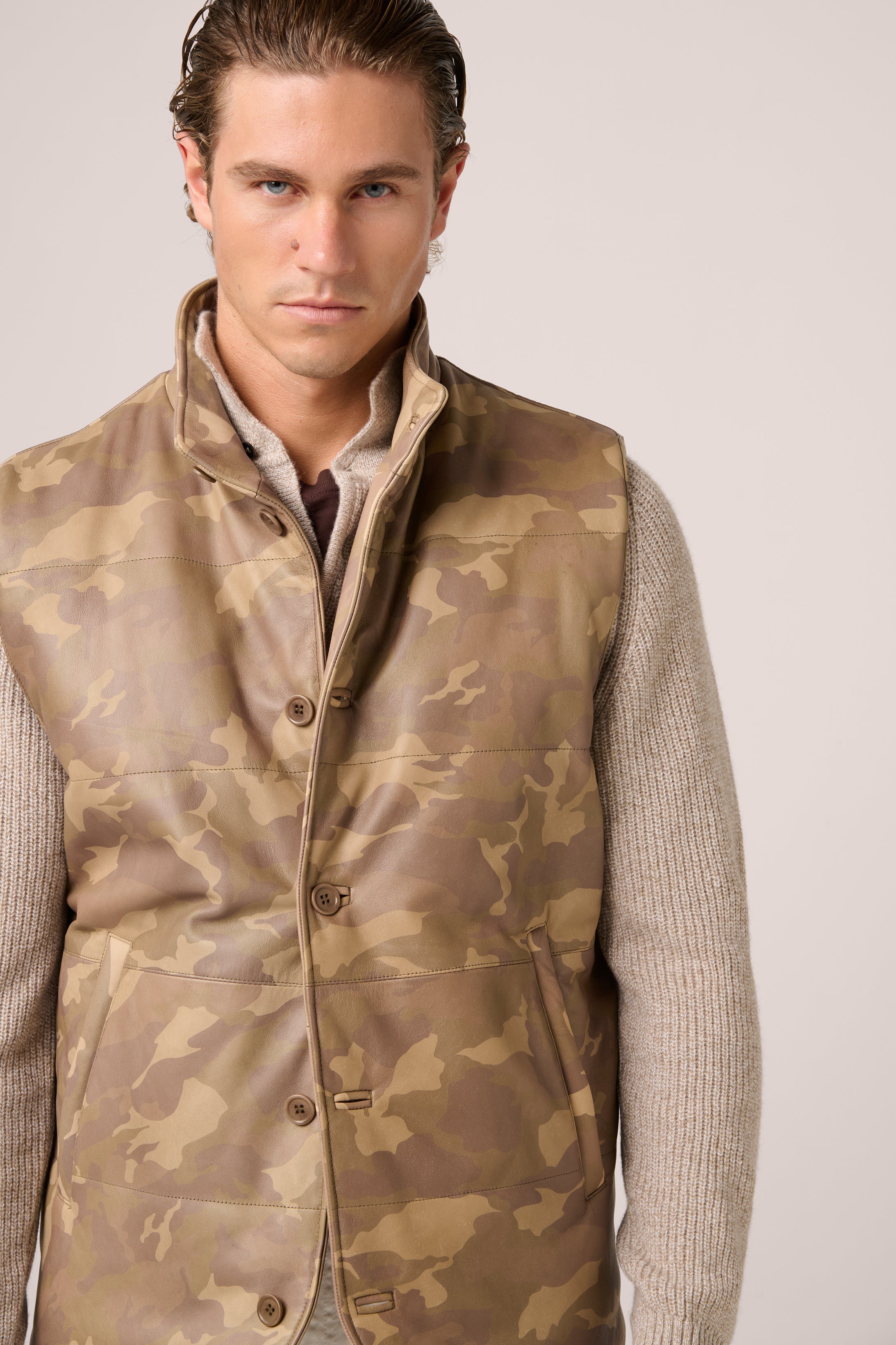 Quilted Leather Vest - Lambskin Leather - Sand Camo Print
