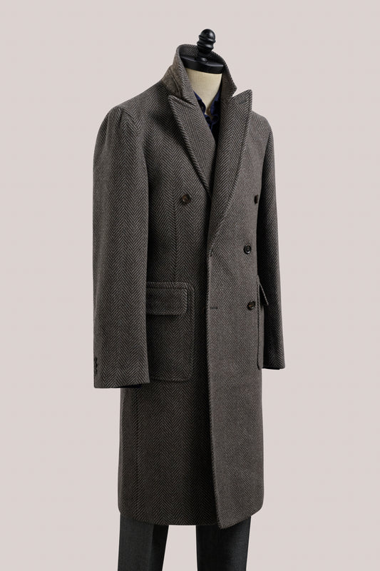Kyneton Double-Breasted Italian Overcoat - Cashmere - Brown & Grey Herringbone
