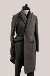 Kyneton Double-Breasted Italian Overcoat - Cashmere - Brown & Grey Herringbone