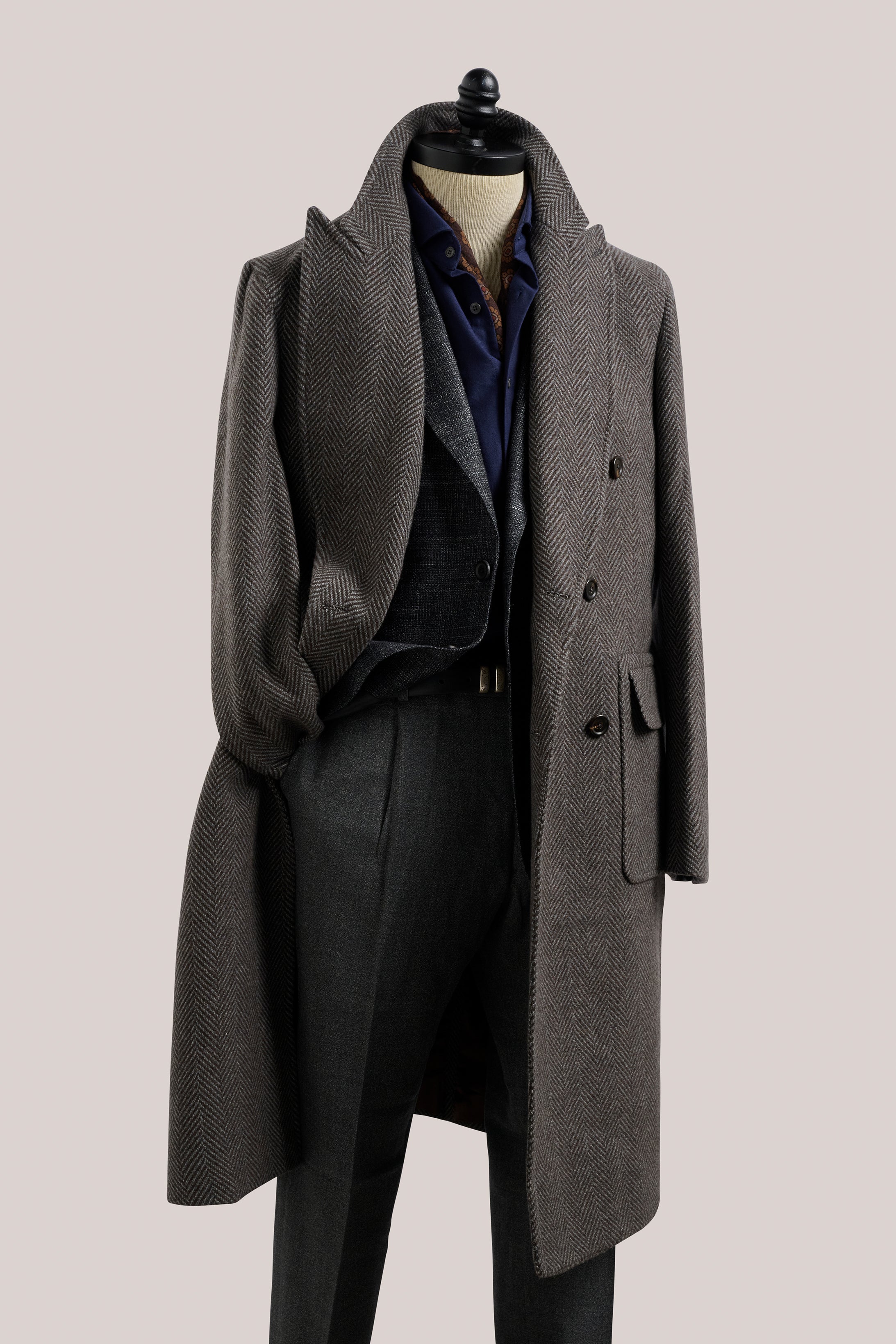 Kyneton Double-Breasted Italian Overcoat - Cashmere - Brown & Grey Herringbone