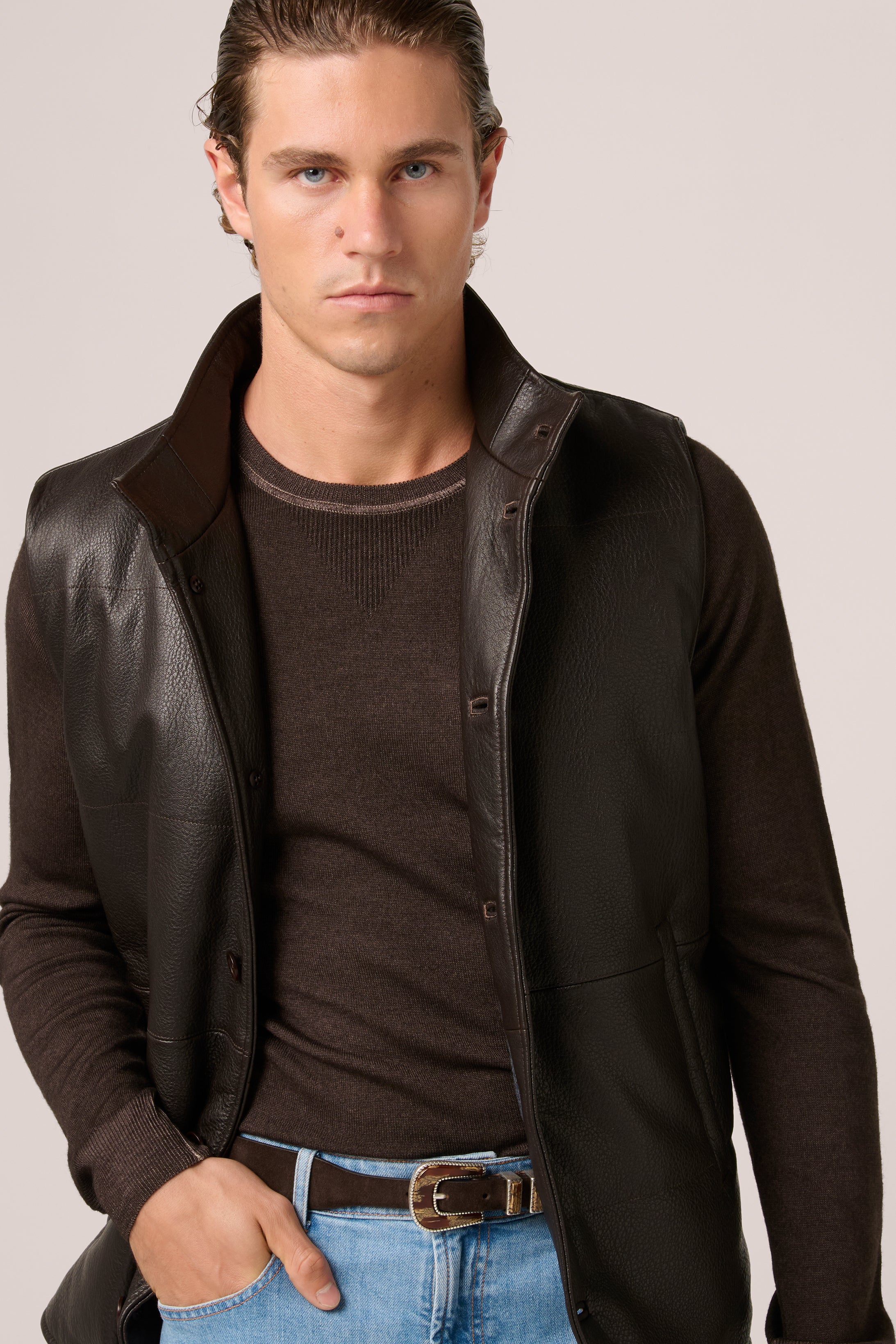 Quilted Leather Vest - Tumbled Grain Lambskin - Chocolate Brown