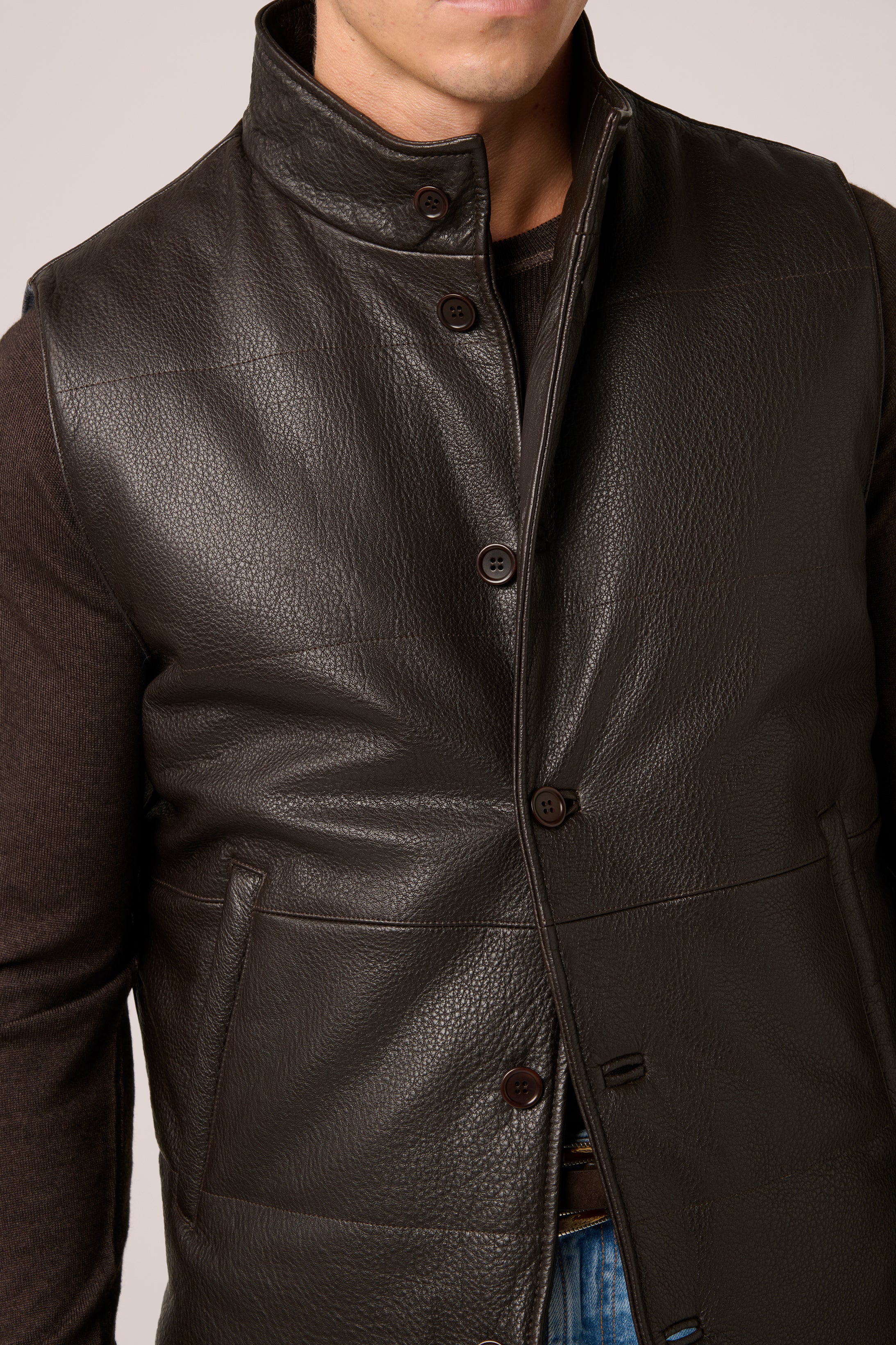 Quilted Leather Vest - Tumbled Grain Lambskin - Chocolate Brown