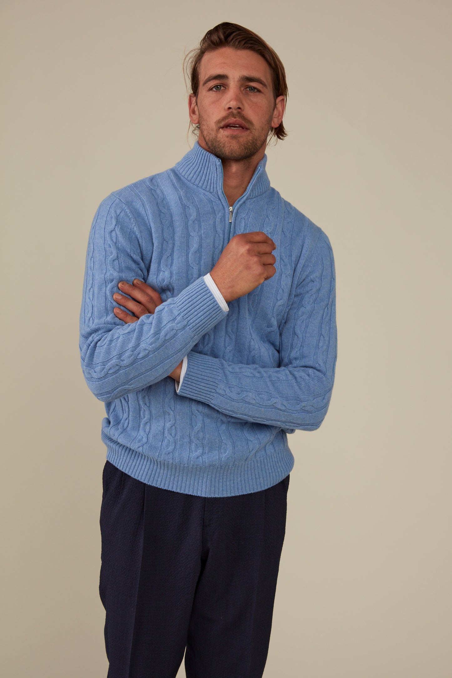 Heathcote Wool/Cashmere Zip Cable Knit - Sky