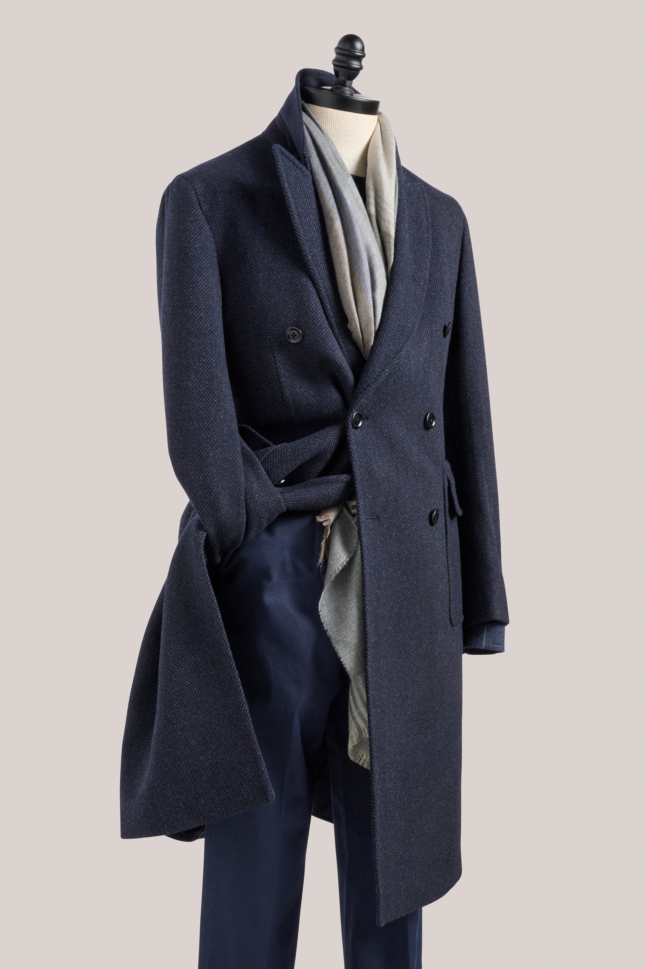 Kyneton Double-Breasted Italian Wool/Cashmere Overcoat - Navy Herringbone