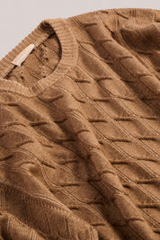 Diamond Cable Crew Knit - Biscuit Brown Vintage Wash