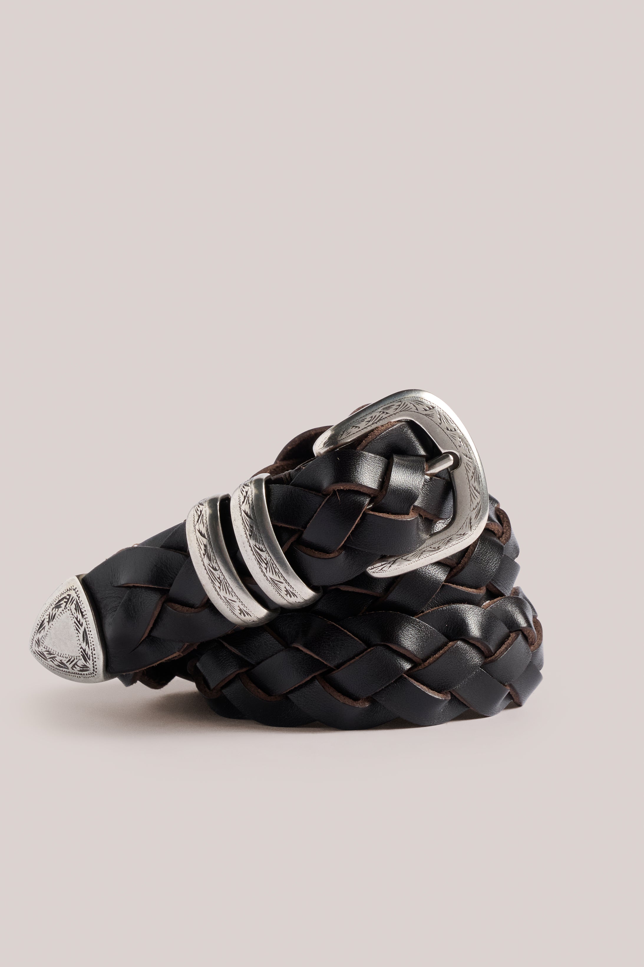 Interlaced Woven Belt - Calf  Leather - Brown & Silver