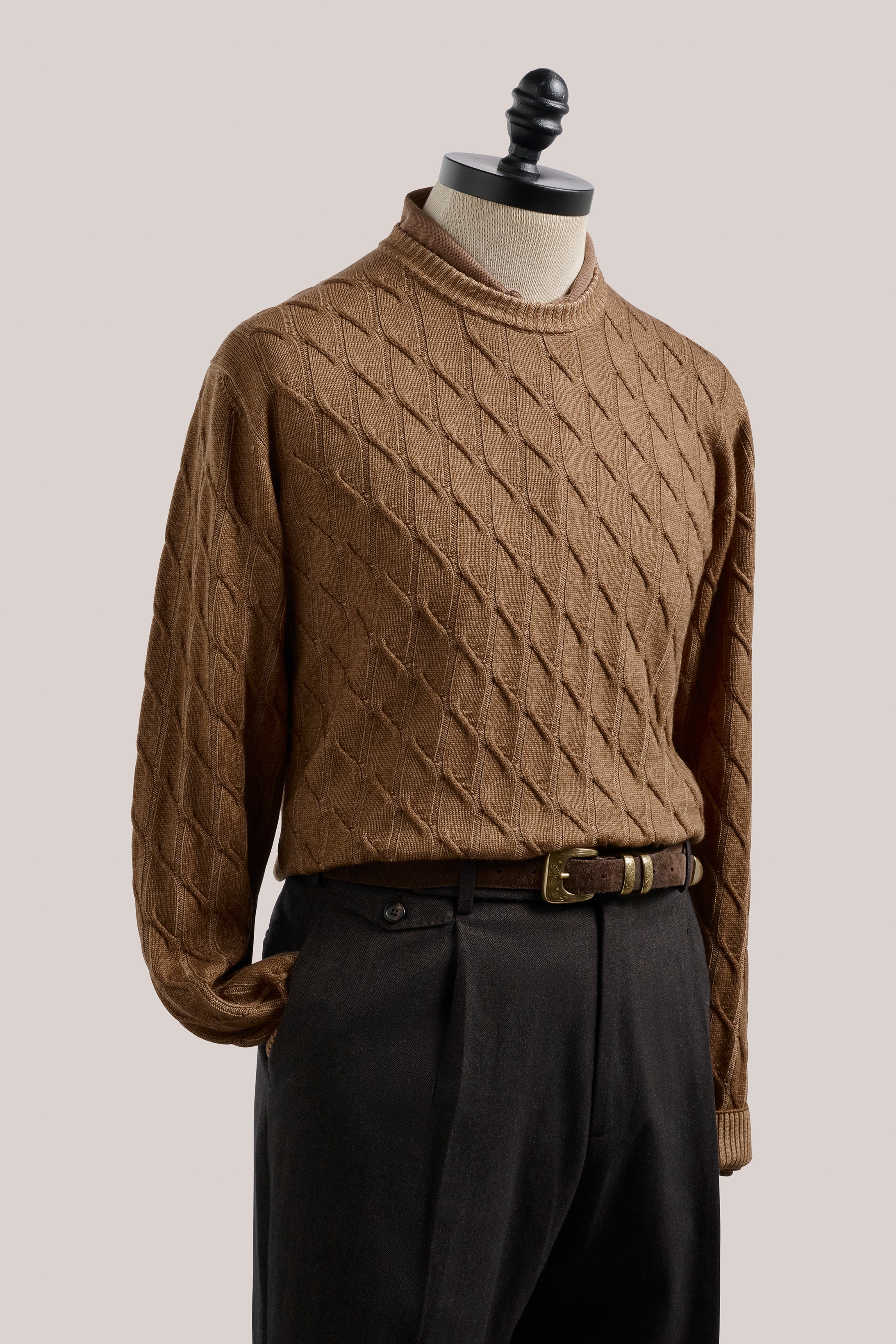 Diamond Cable Crew Knit - Biscuit Brown Vintage Wash